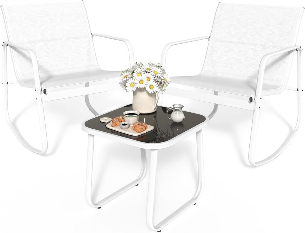 YITAHOME 3 Piece Patio Furniture Set with Rocking Bistro Chairs and Glass Table, Textilene Fabric Small Outdoor Conversation Furniture Set for Backyard, Lawn, Garden, Balcony, Poolside (Black)
