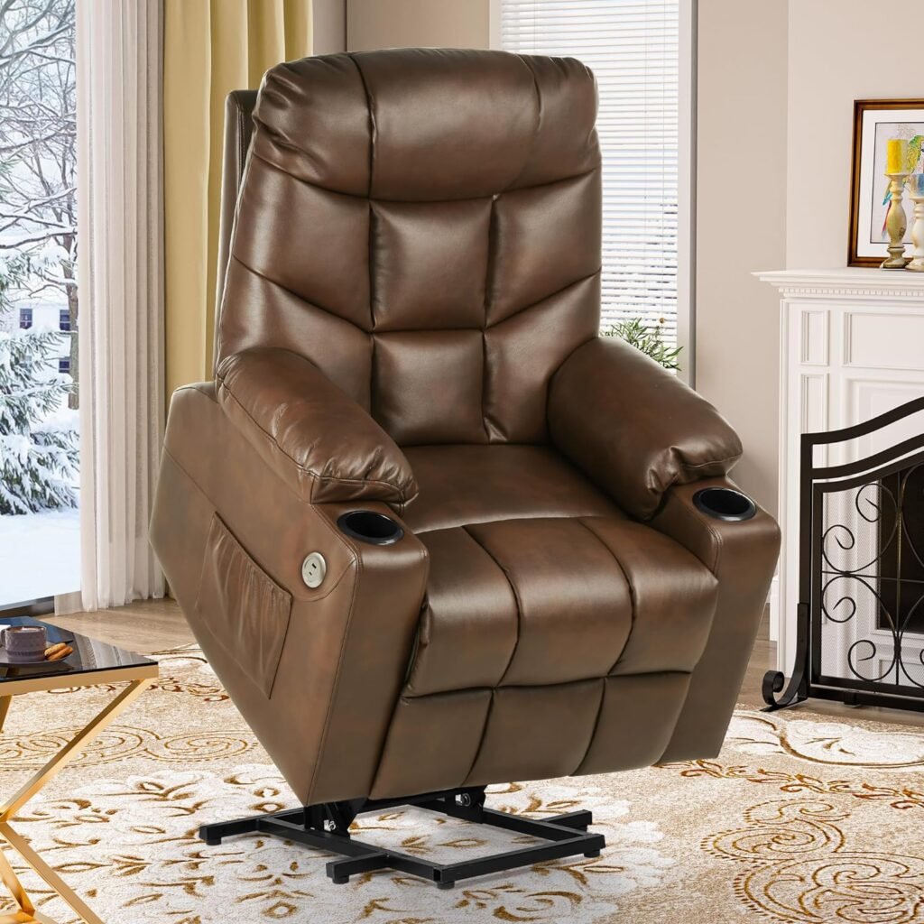 YITAHOME Electric Power Lift Recliner Chair for Elderly, Leather Recliner Chair with Massage and Heat, Spacious Seat, USB Ports, Cup Holders, Side Pockets, Remote Control (Light Brown)