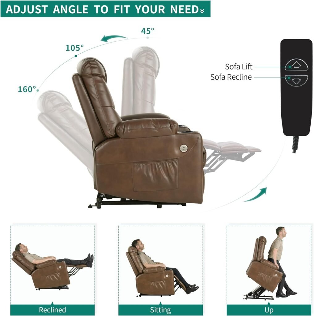 YITAHOME Electric Power Lift Recliner Chair for Elderly, Leather Recliner Chair with Massage and Heat, Spacious Seat, USB Ports, Cup Holders, Side Pockets, Remote Control (Light Brown)