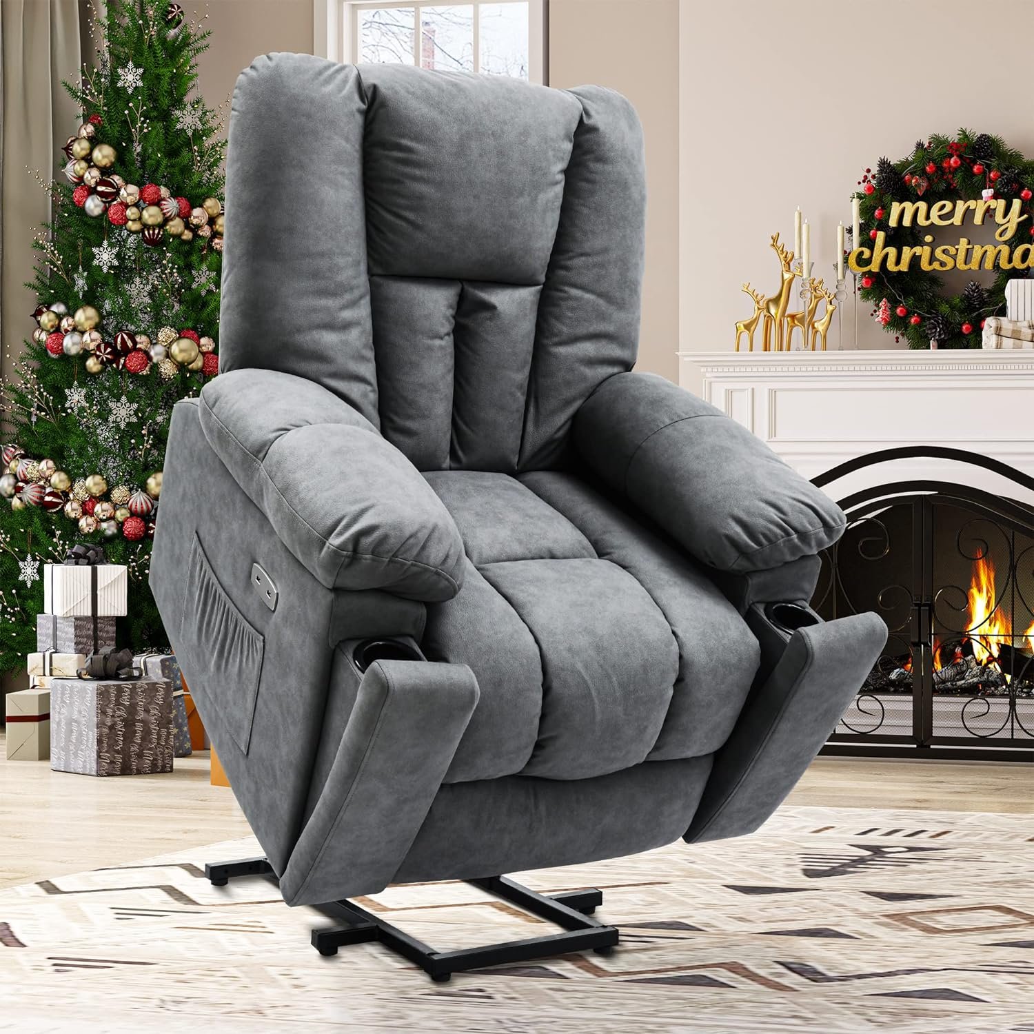 YITAHOME Electric Power Lift Recliner Chair with Massage for Elderly, Technical Cloth Recliner Sofa Living Room Chair with USB Ports, Side Pockets, 2 Concealed Cup Holders,Grey