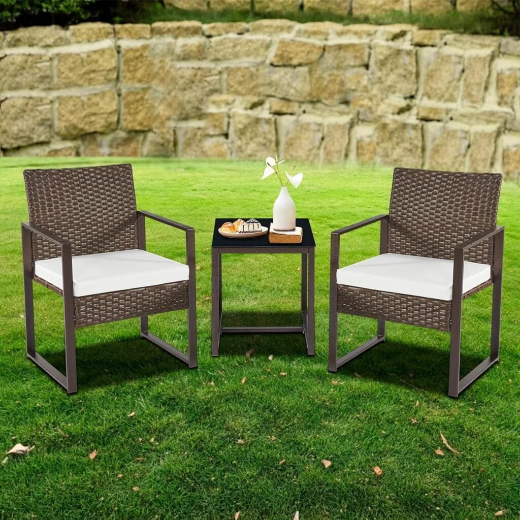 YIYAN 3 Pieces Outdoor Furniture Set Patio Rattan Wicker Chairs  teatable,Lawn Garden Balcony Backyard,with Washable Cushion (White)