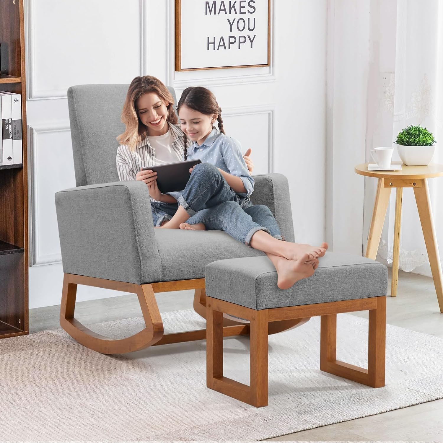 YOLENY Rocking Chair with Footstool, Upholstered Nursery Glider Rocker, Modern Accent Rocking Lounge Chair, Comfy High Back, Linen Armchair, Grey