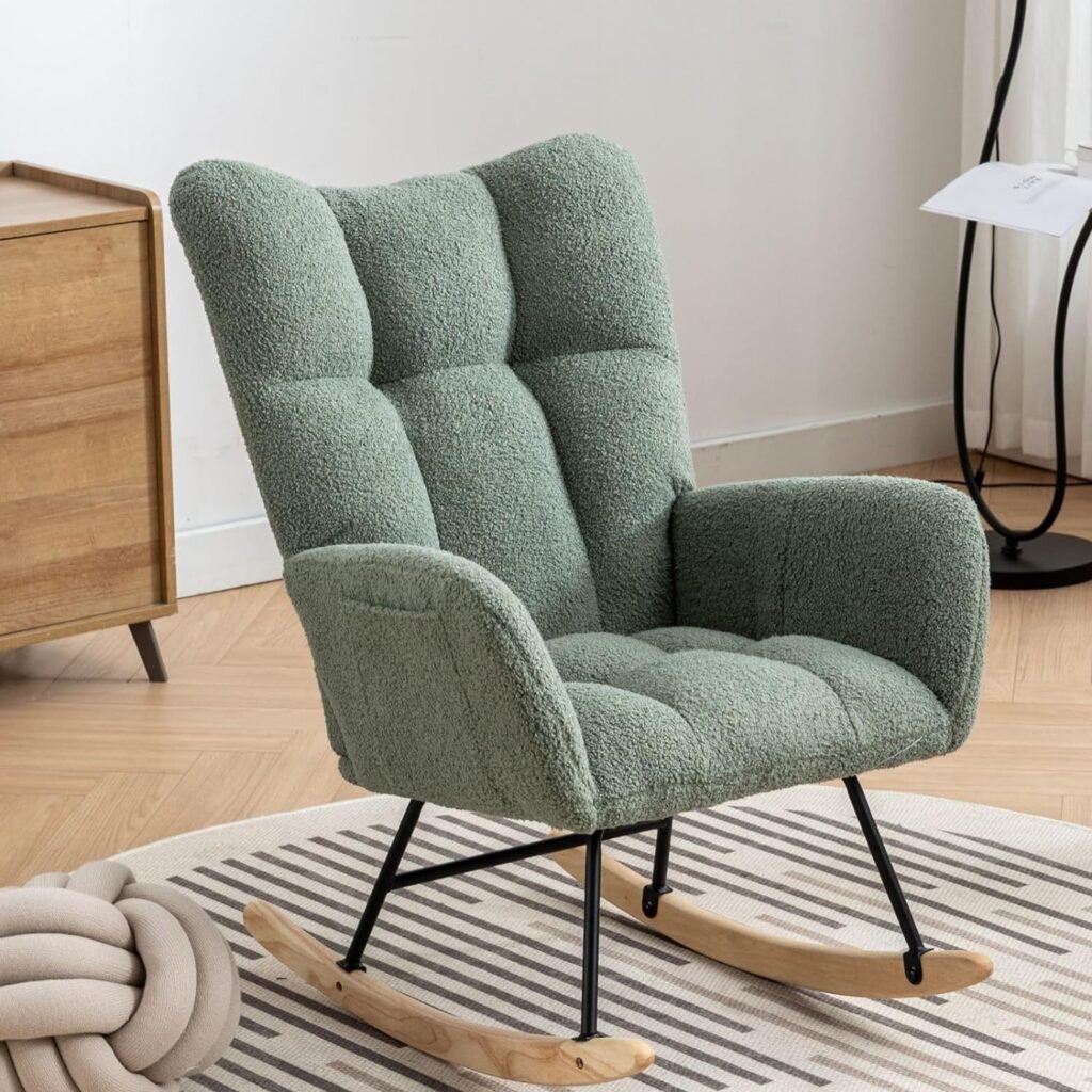 YSJZYBF Rocking Chair Nursery Modern Teddy Upholstered Fabric Nursery Glider with High Backrest Armchair Glider Rocker Chair for Nursery Living Room Bedroom Offices Green