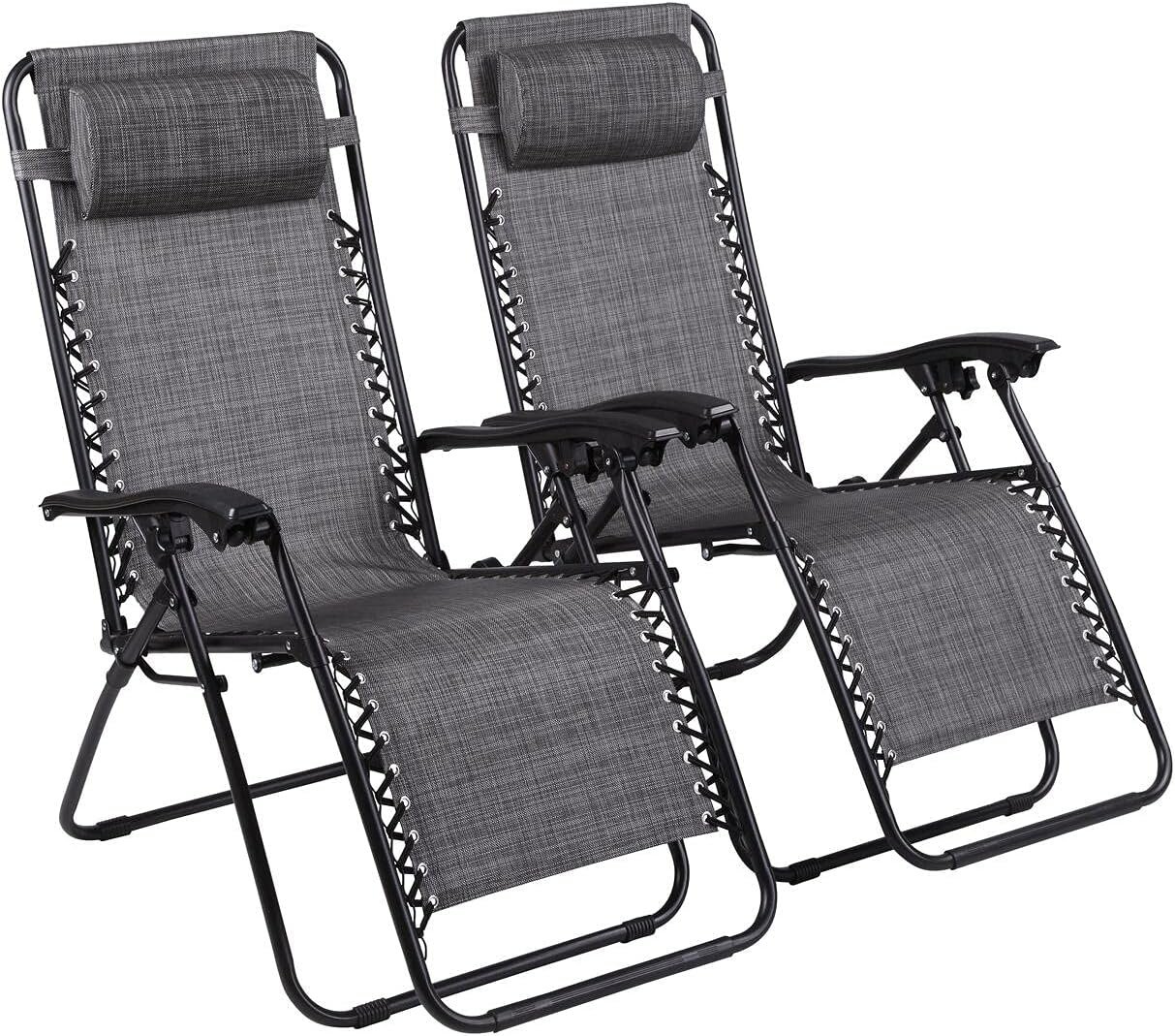 Zero Gravity Chairs Set of 2 Pool Lounge Chair Zero Gravity Recliner Lawn Patio Outdoor Porch Beach Backyard Anti Gravity Chair Folding Reclining Camping Chair with Headrest by Naomi Home - Grey