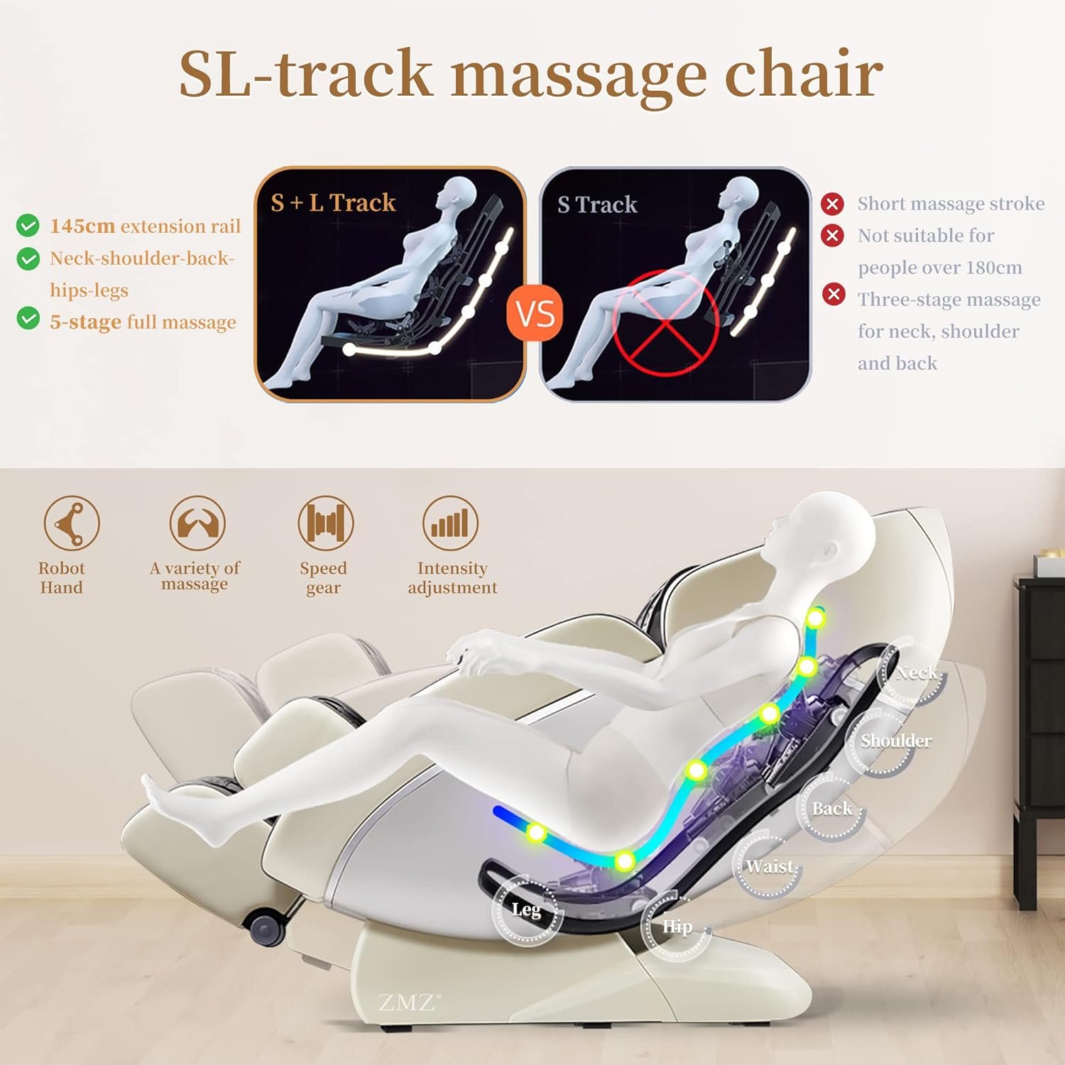 ZMZ 4D SL Track Massage Chair Recliner, Full Body Massage Chair with Zero Gravity, Bluetooth Speaker, Airbags,6 Modes, Heating, and Foot Massage