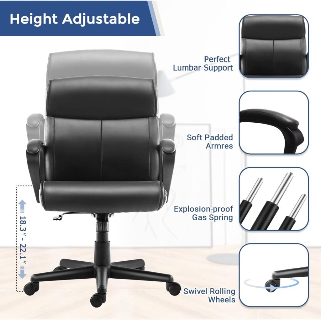 ZUNMOS Home Ergonomic Desk Mid-Back Office Computer Armrest and Lumbar Support Height Adjustable Swivel Task Executive Rolling Chair, Ink Black