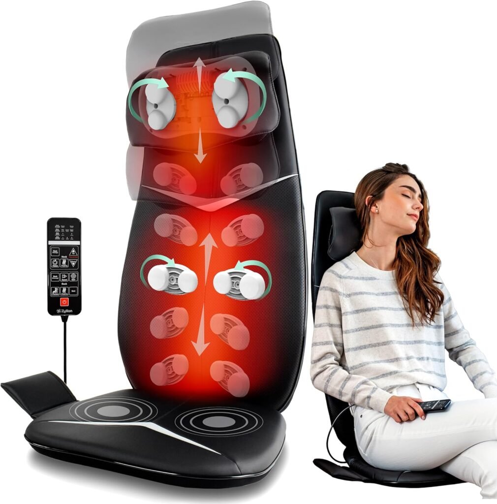 Zyllion Neck and Back Massager with Heat Therapy - 3D Shiatsu Kneading Deep Tissue Massage Chair Seat Cushion Pad with Adjustable Motorized Neck Section - Black