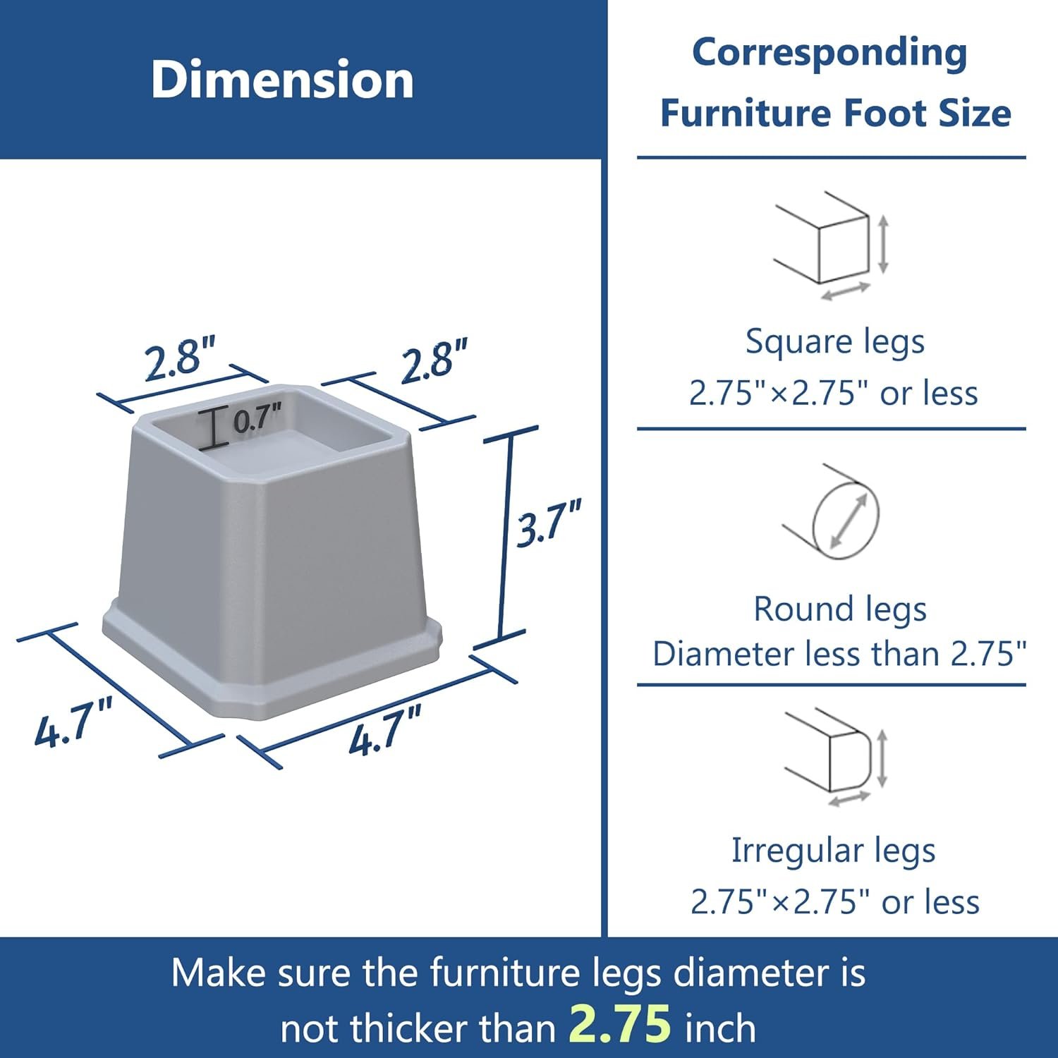 Ahasolid Bed Risers 2 Inch Heavy Duty, Furniture Risers for Bed Frame, Couch, Desk, Chair, Lifts Up to 1,500 lb, Set of 8, Grey