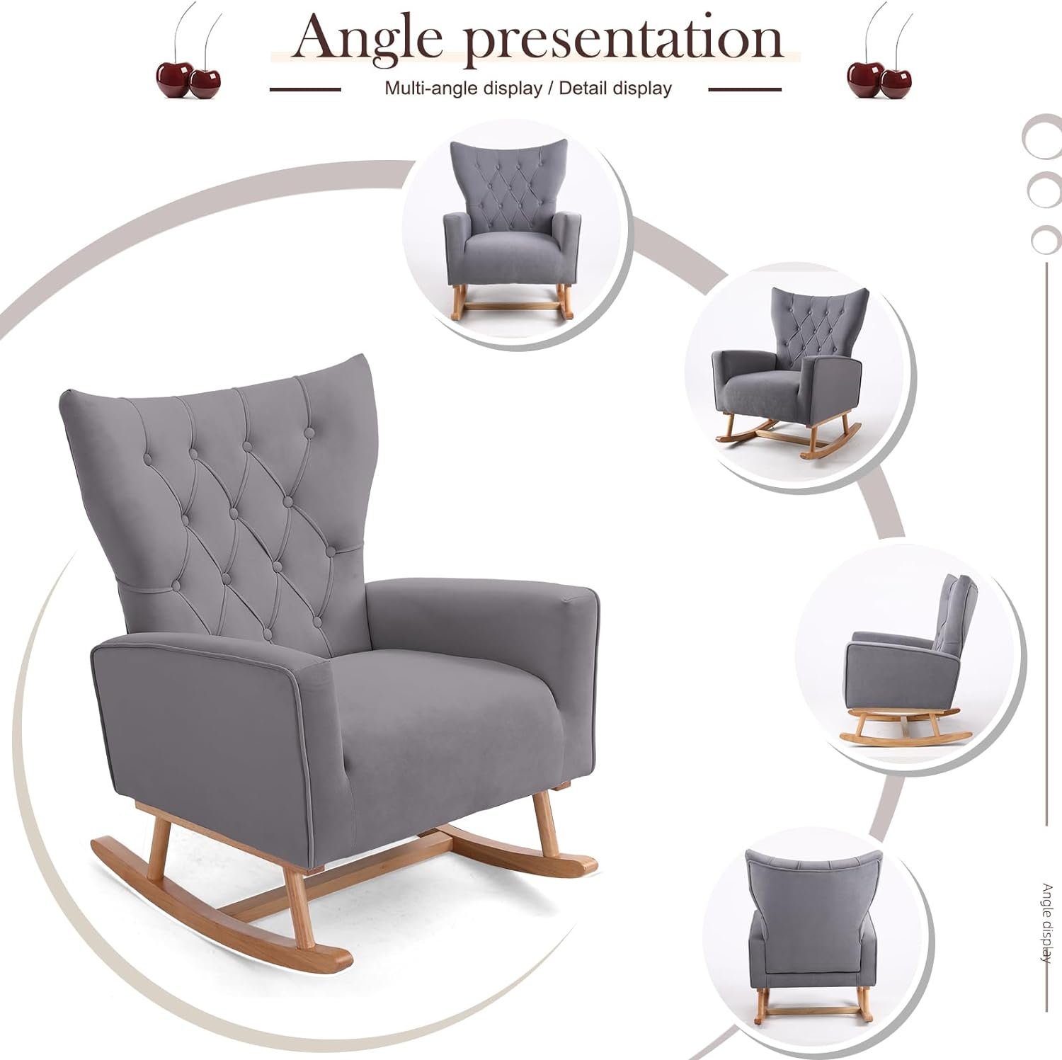 Aimerive Rocking Glider Chair for Nursery,Velvet Accent Rocker Chair with Armrest and High Backrest Upholstered Thick Soft Seat, Leisure Single Sofa for Living Room, Hotel, Bedroom, Baby Room,Gray