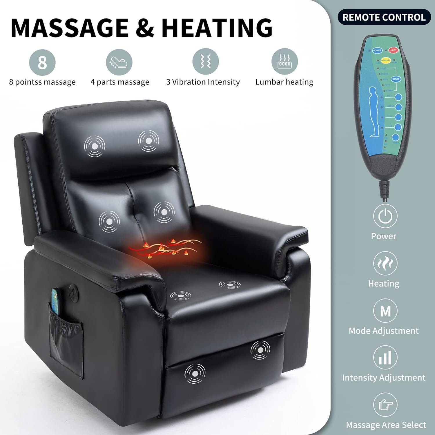 AVAWING Power Lift Recliner Chair for Elderly, Leather Electric Massage Recliner Chair w/Heat, Side Pocket, Remote Control, USB Charge Port for Bedroom, Living Room, Dark Black…