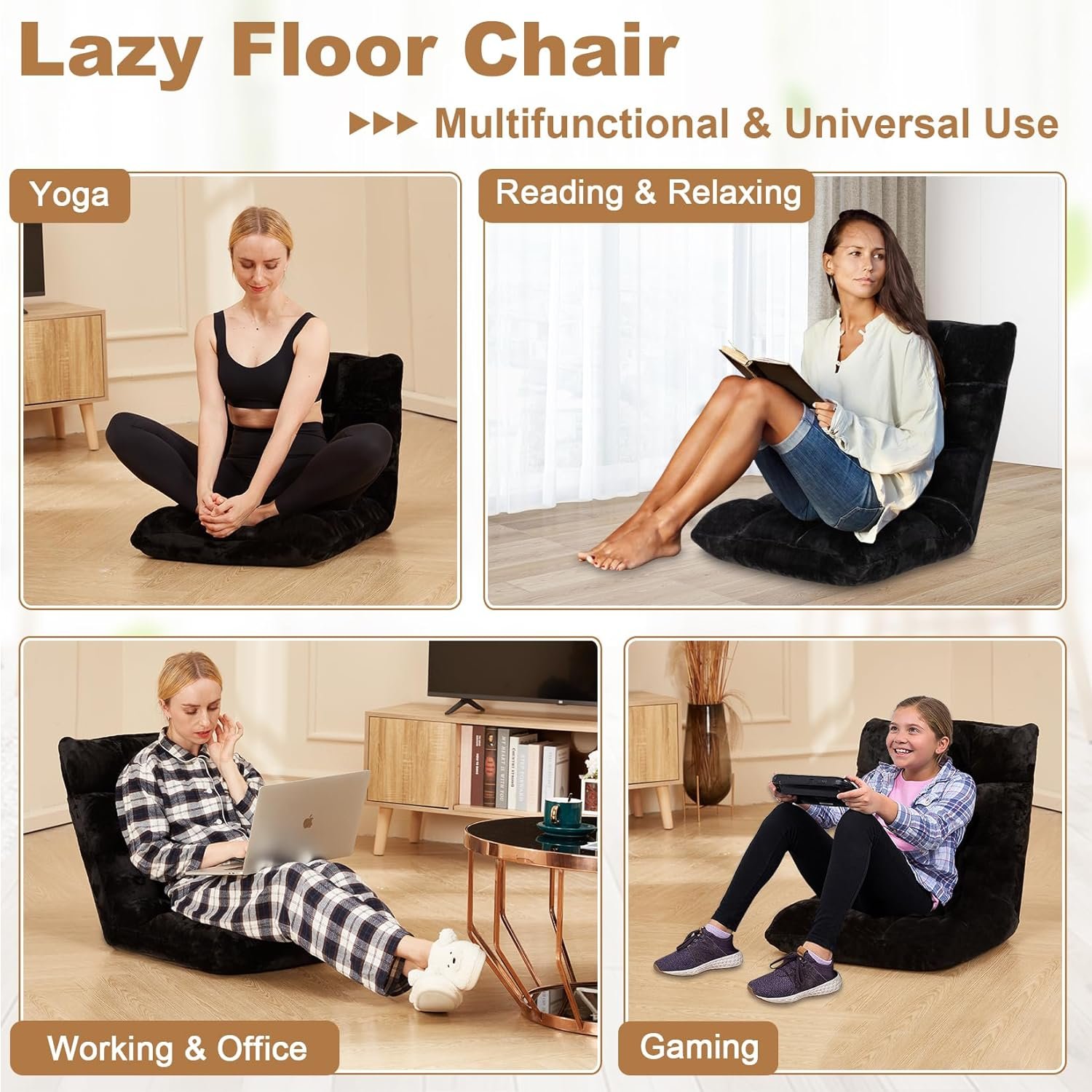 Avocahom Folding Floor Gaming Chair, Adjustable 14-Position Backrest, 6-Inch Thick Flannel and Skin-Friendly Cotton Sponge, Breathable, Ideal for Gaming, Meditating, Sleeping, Purple