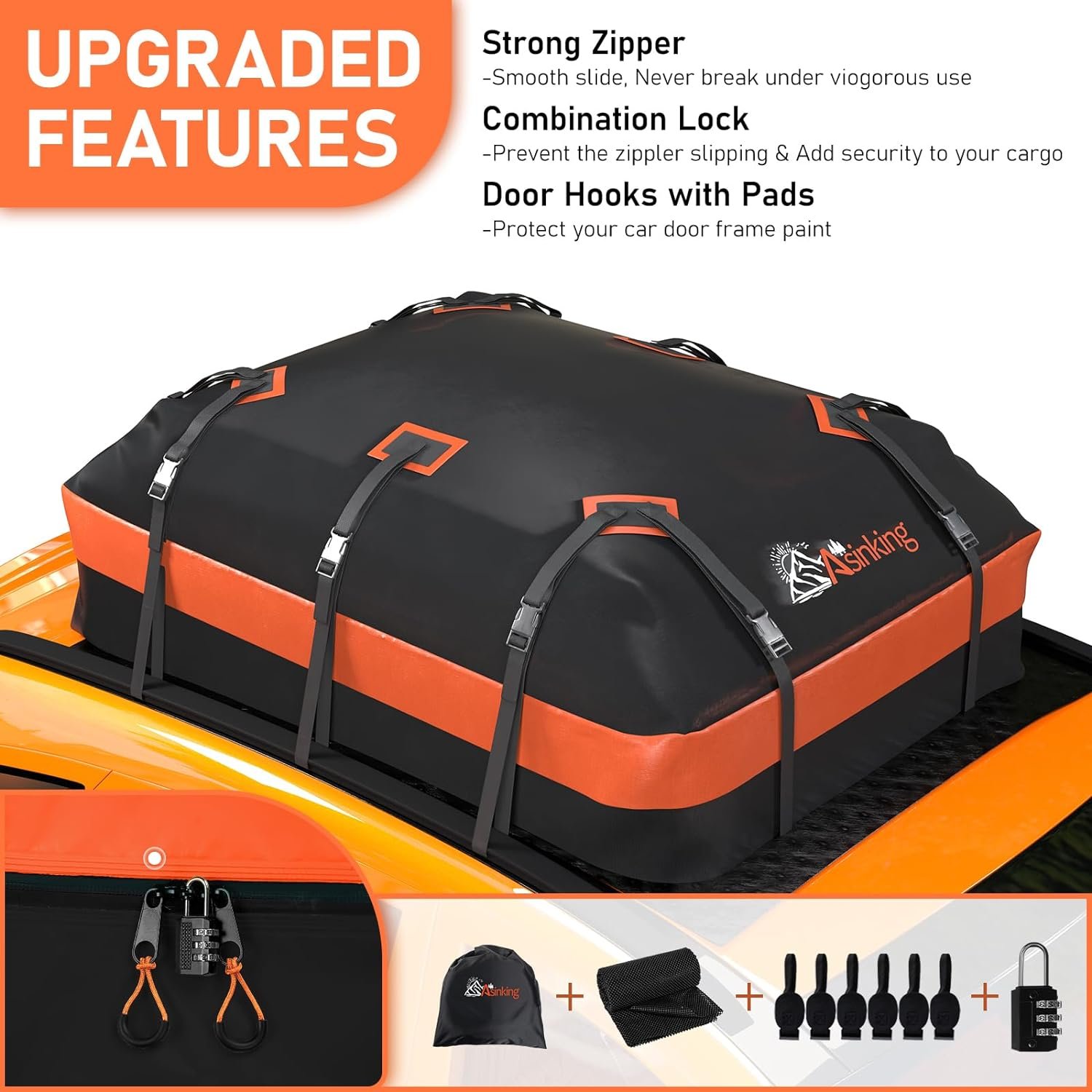 Car Roof Bag Rooftop top Cargo Carrier Bag 21 Cubic feet Waterproof for All Cars with/Without Rack, Includes Anti-Slip Mat, 10 Reinforced Straps, 6 Door Hooks, Luggage Lock