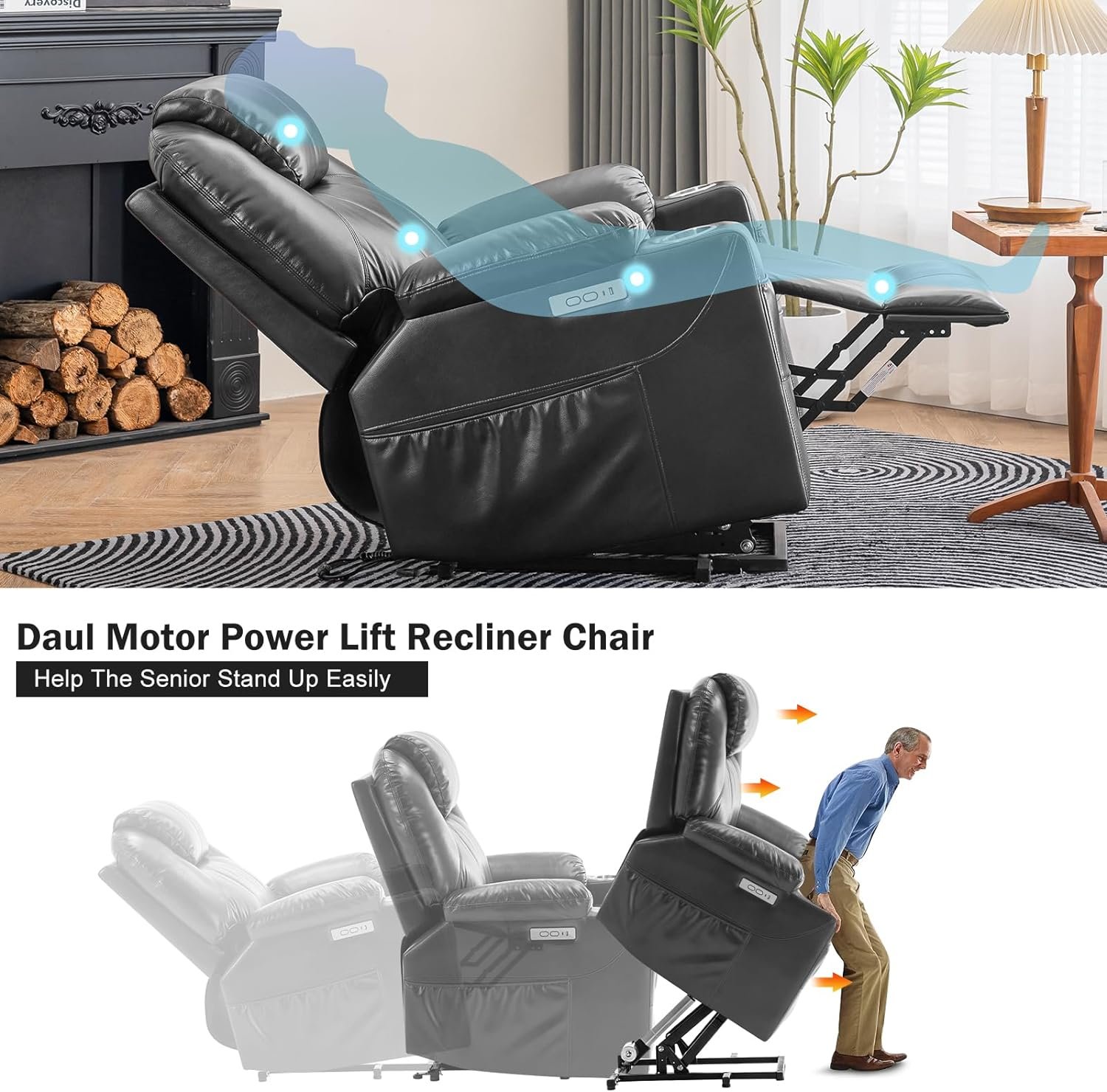 CDCASA Large Power Lift Recliner Chairs for Elderly with Massage  Heat, Upgraded Breathable Leather Recliner Chairs for Adults Set of 2, Overstuffed Chair, USB  Type-C Ports, Brown
