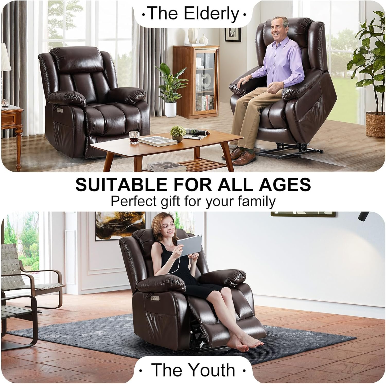 CDCASA Large Power Lift Recliner Chairs for Elderly with Massage  Heat, Upgraded Breathable Leather Recliner Chairs for Adults Set of 2, Overstuffed Chair, USB  Type-C Ports, Brown
