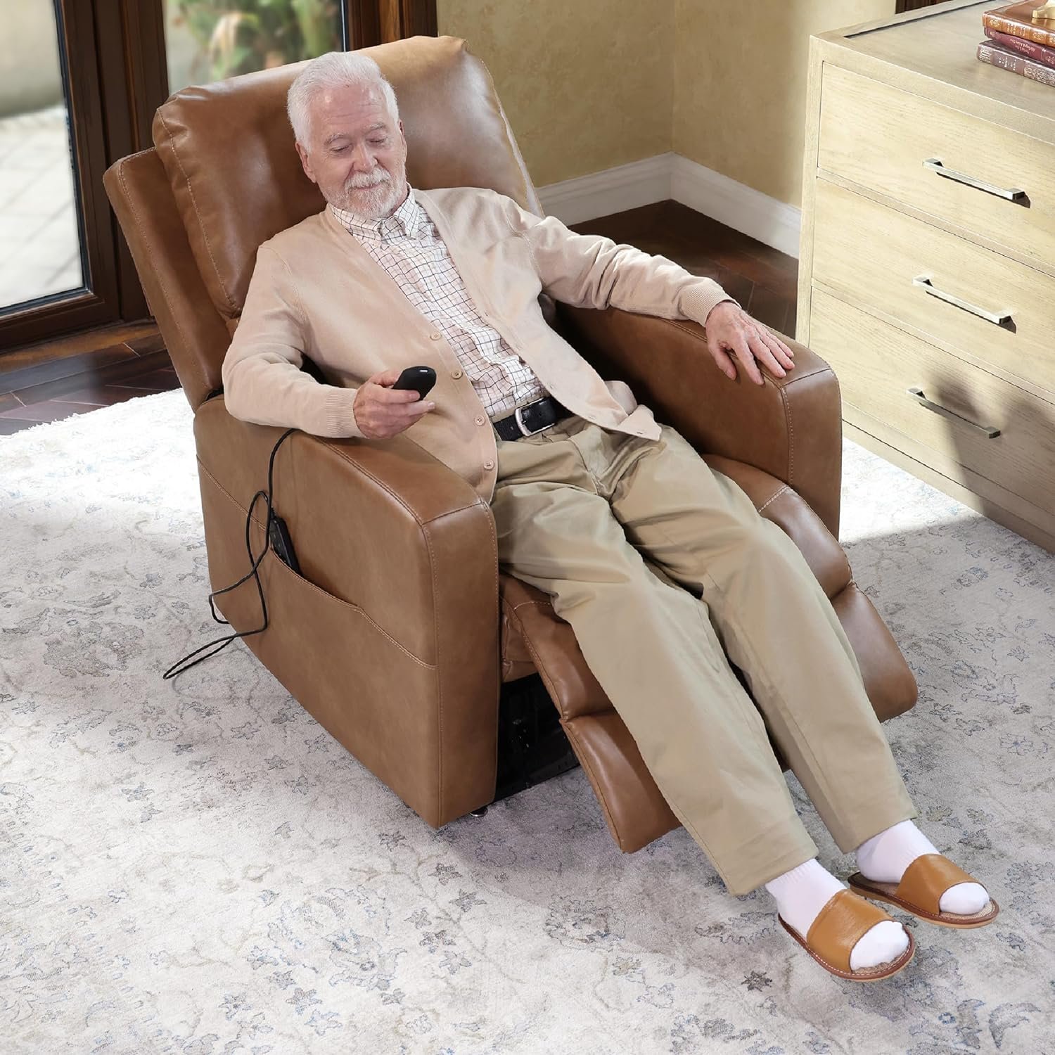 CHITA Power Recliner Chair for Adults, Lay Flat Lift Chair for Elderly, Electric Power Lift Recliners with Heat Massage, Faux Leather, Saddle Brown