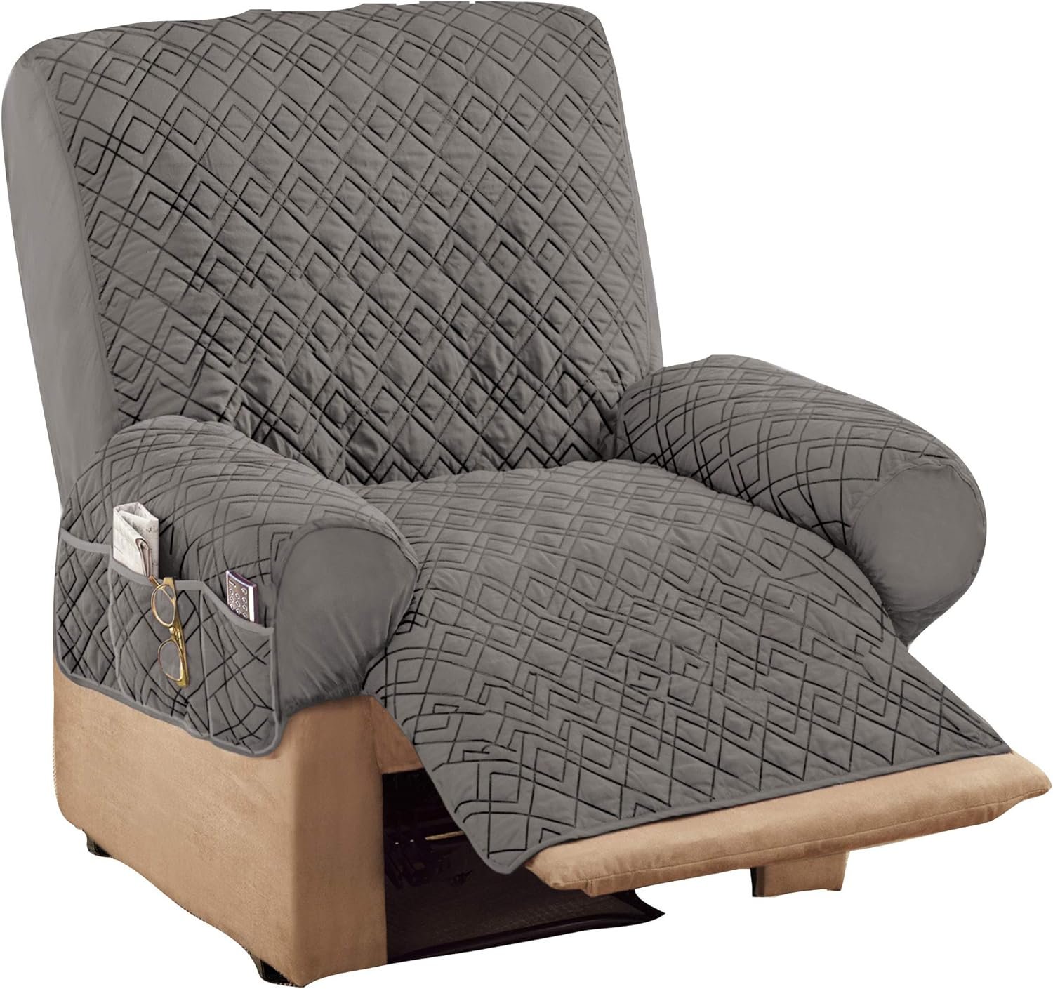 Collections Etc Diamond-Shape Quilted Stretch Recliner Cover with Storage Pockets and Elastic Straps - Furniture Protector