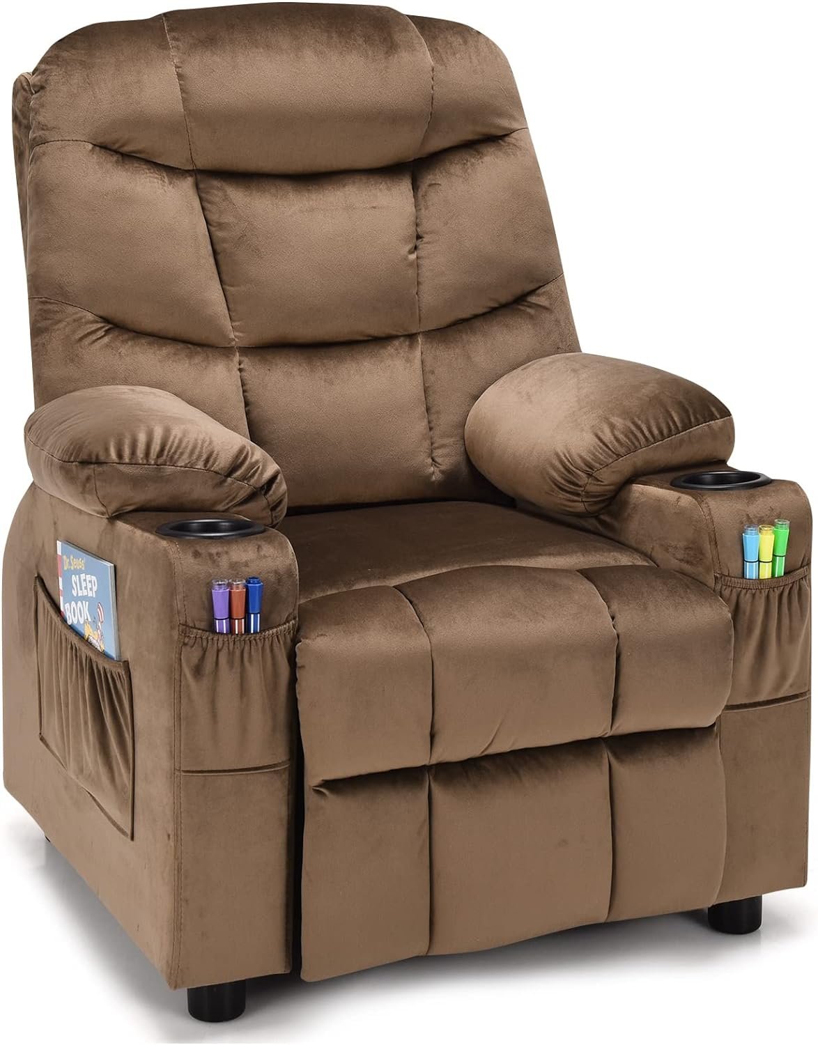 COSTWAY Larger Kids Recliner Chair, Adjustable Lounge Recliner w/ 2 Cup Holders, 1 Side Pocket, 2 Front Pockets, Footrest, Velvet Fabric Recliner for Boys  Girls, Ideal for Bedroom (Brown)