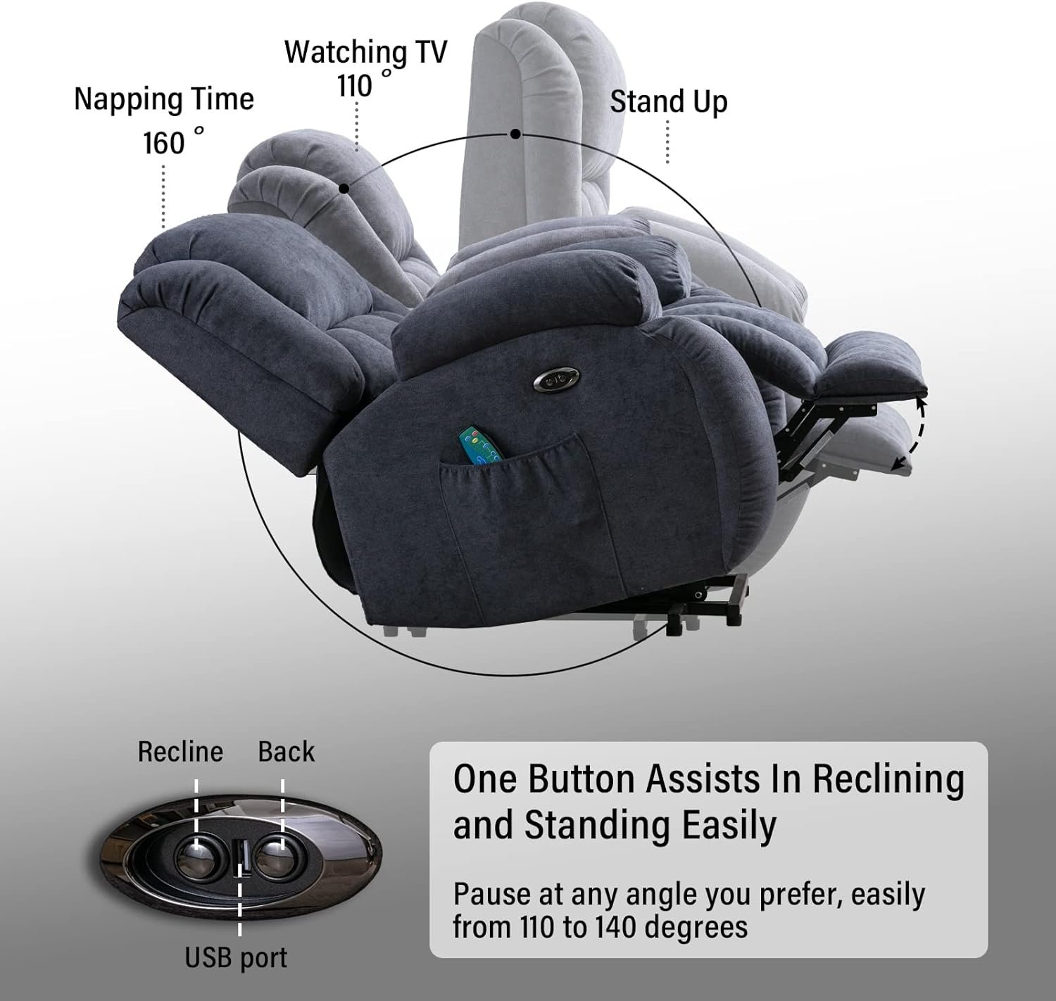 Dreamsir Electric Power Lift Recliner Chair, Fabric Oversized Lift Chair with Massage and Heat for Elderly, Modern Single Sofa Home Theater Seat, USB Ports, Grey