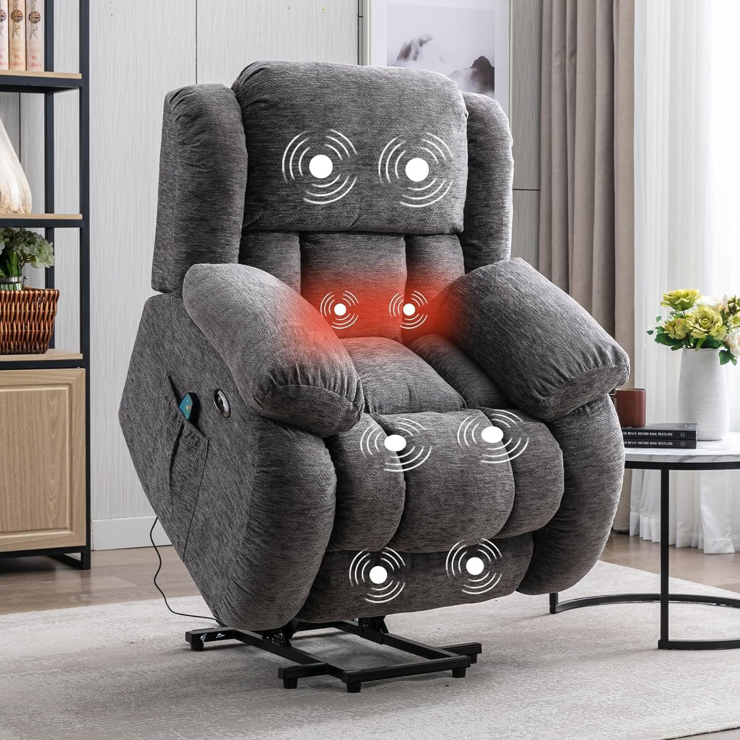 Dreamsir Electric Power Lift Recliner Chair, Fabric Oversized Lift Chair with Massage and Heat for Elderly, Modern Single Sofa Home Theater Seat, USB Ports, Grey
