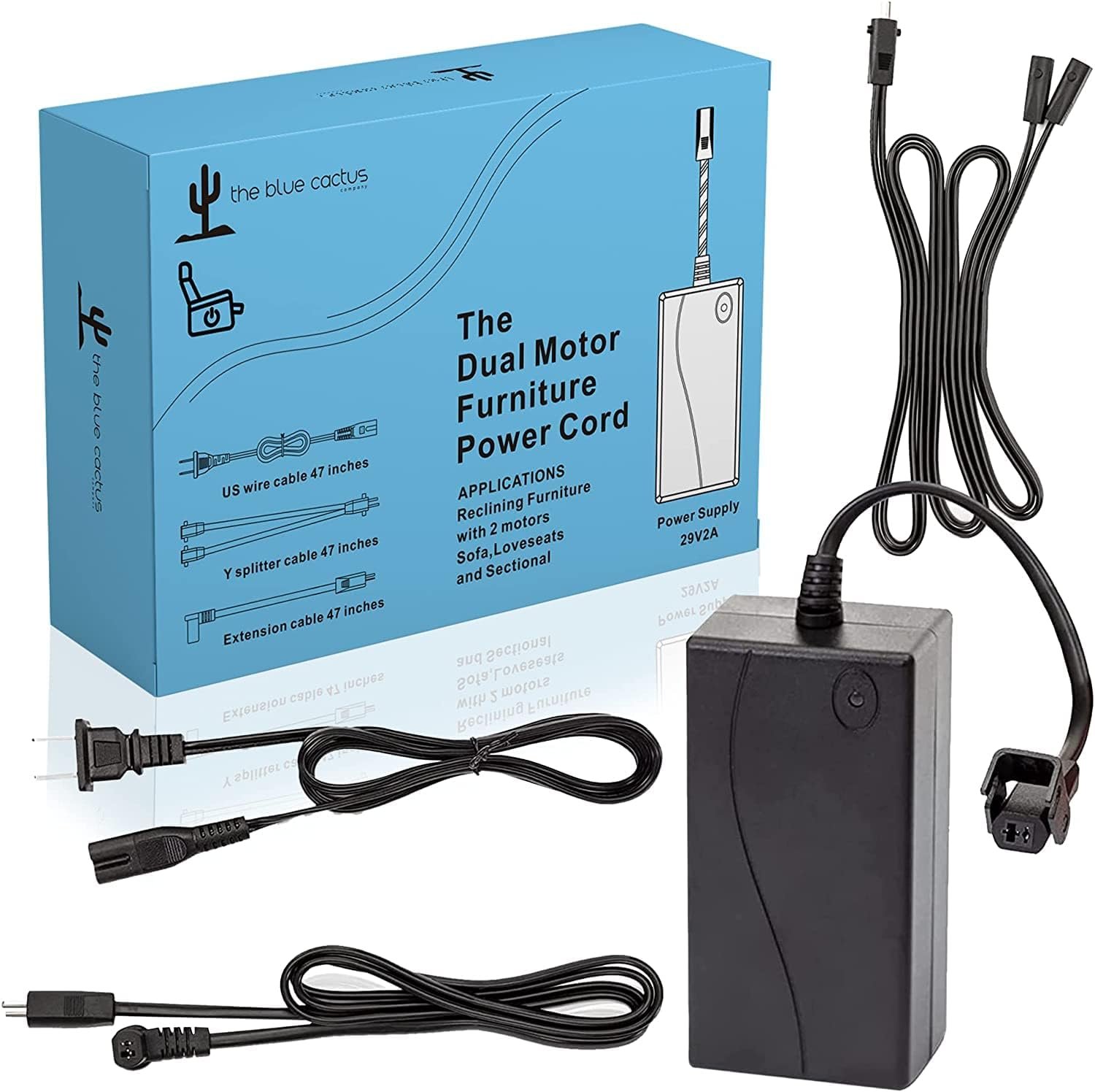 Dual Motor Power Supply Kit - Universally Compatible Power Supply for Electric Reclining Furniture - with Y Splitter Extension Cord  2-Pin Connector - 29V 2A Adapter for Loveseats, Chairs and Sofas