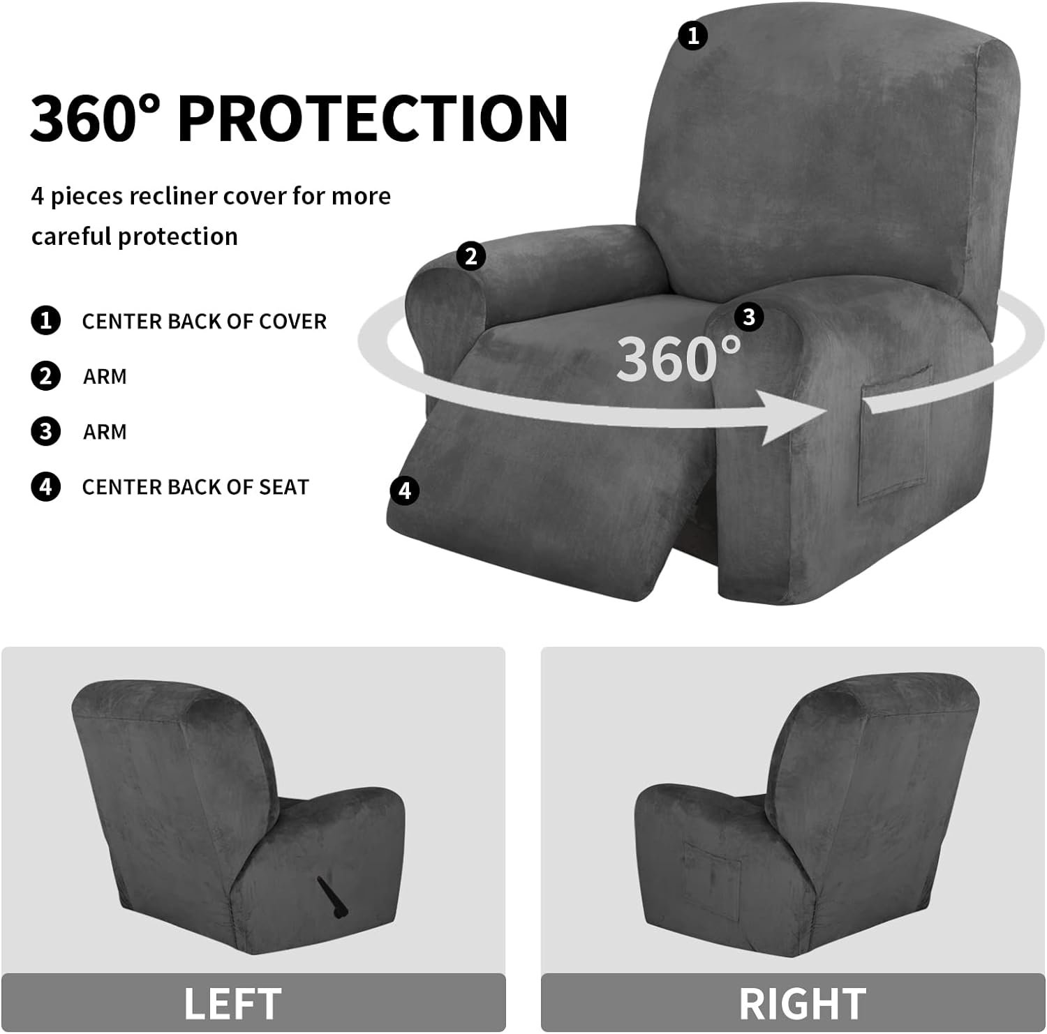 Easy-Going Recliner Chair Cover 4 Pieces Velvet Stretch Reclining Slipcover Non-Slip Couch Cover Soft Thick Washable Furniture Protector (Recliner, Grey)