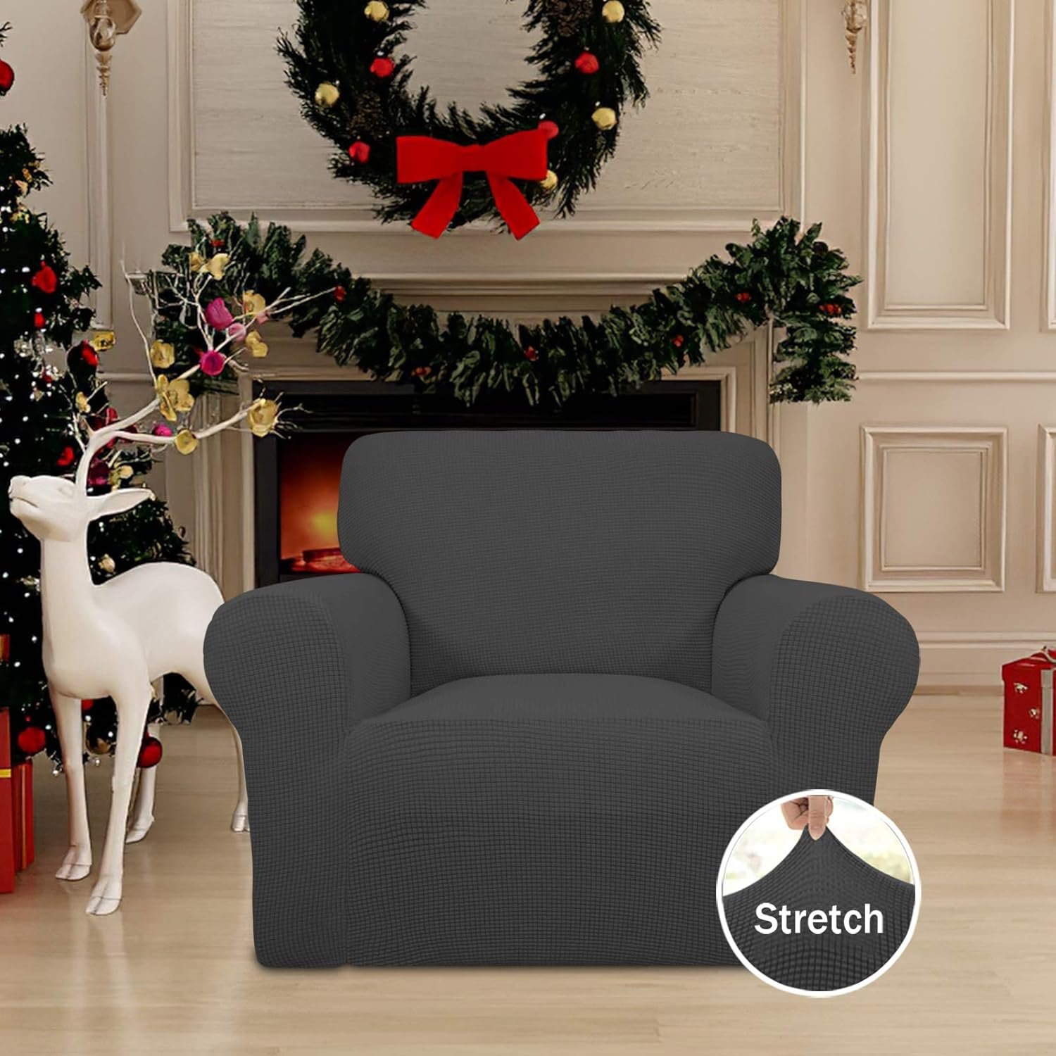 Easy-Going Stretch Chair Sofa Slipcover 1-Piece Couch Sofa Cover Furniture Protector Soft with Elastic Bottom for Kids, Pet. Spandex Jacquard Fabric Small Checks (Chair, Dark Gray)