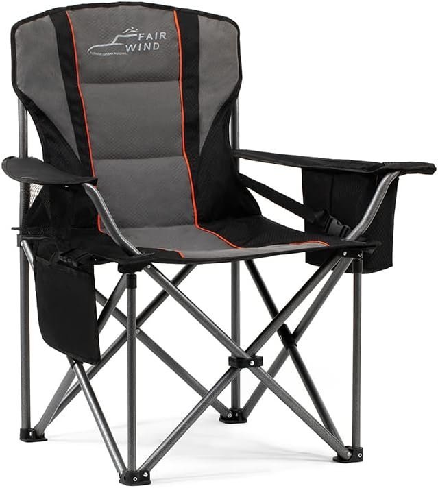 FAIR WIND Oversized Fully Padded Camping Chair with Lumbar Support, Heavy Duty Metal Adjustable Lumbar,Arm Rest,Ergonomic Quad Fold/Arm Chair with Cooler Bag - Support 450 LBS, Black