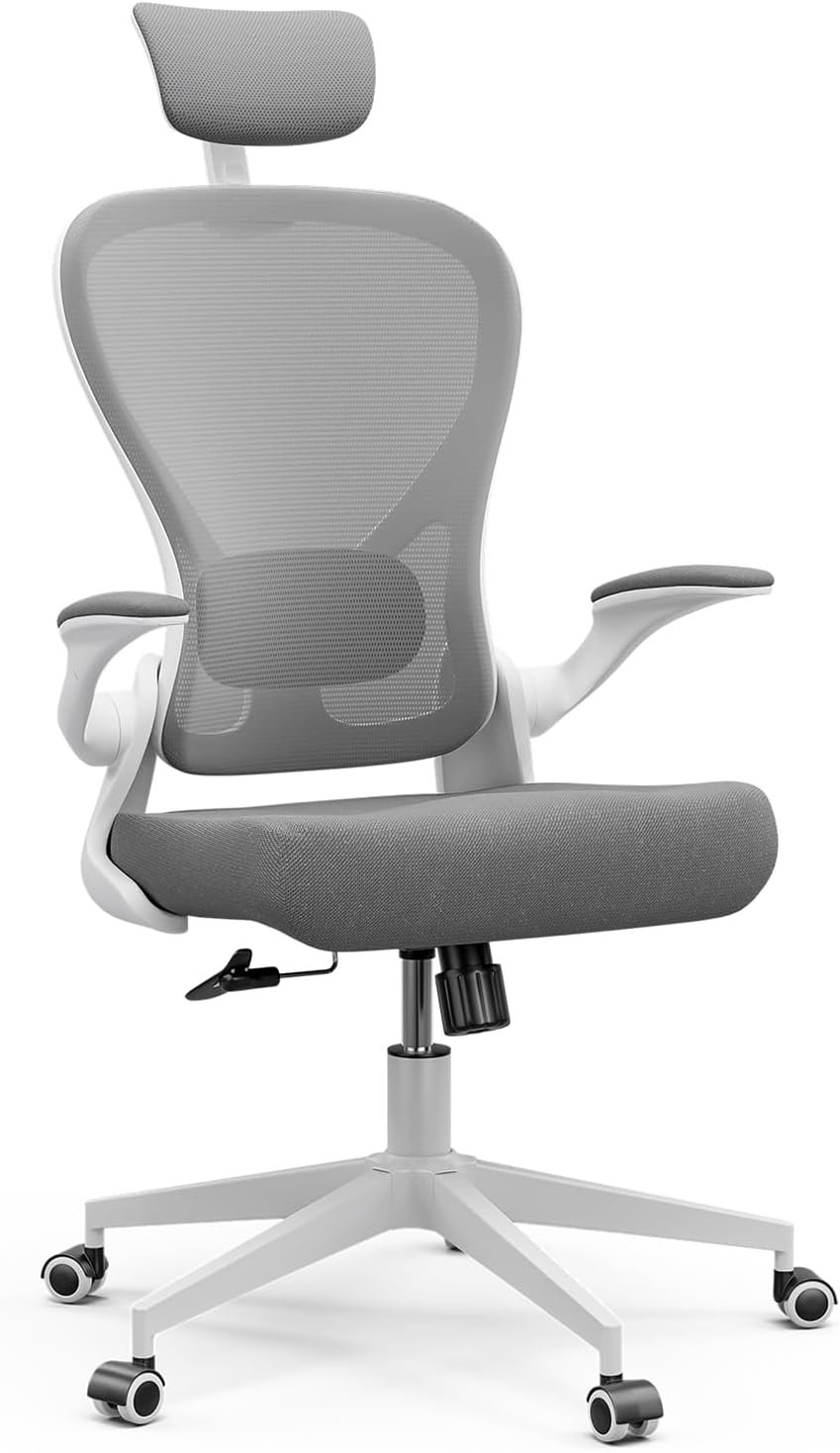 Frylr Ergonomic Home Office Desk Chair with Flip-up Arms and Headrest - Perfect for Big and Tall Users/Adjustable Lumbar Support/450 lbs Heavy Duty Office Chair（Grey）