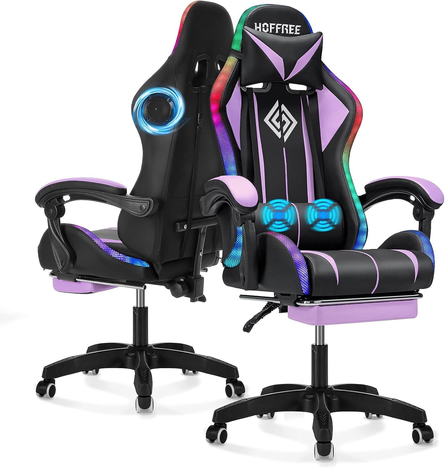 Gaming Chair with Bluetooth Speakers and LED RGB Lights Ergonomic Massage Computer Gaming Chair with Footrest High Back Music Video Game Chair with Lumbar Support Purple and Black