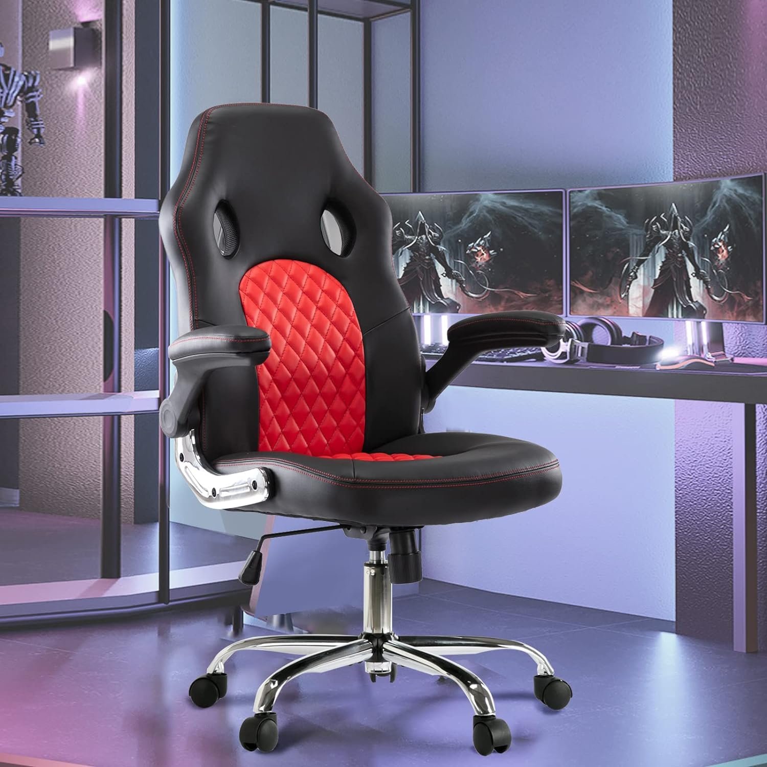 Gaming Office Chair - Ergonomic Executive Swivel Computer Desk Chair, High Back Adjustable Task Chair with Flip-up Armrests and Lumbar Support for Working, Studying, Gaming