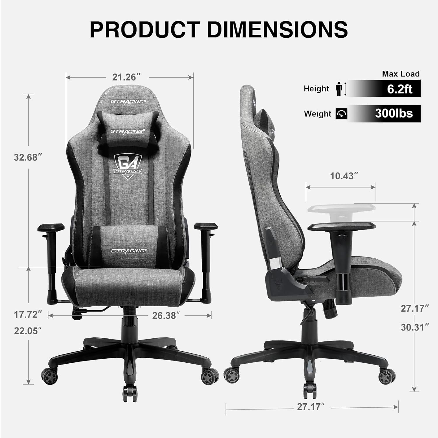 GTRACING Fabric Gaming Chair, Ergonomic Racing Style Reclining Computer Chair with Premium Breathable Cloth Cushion and HeadrestLumbar Support (Black)