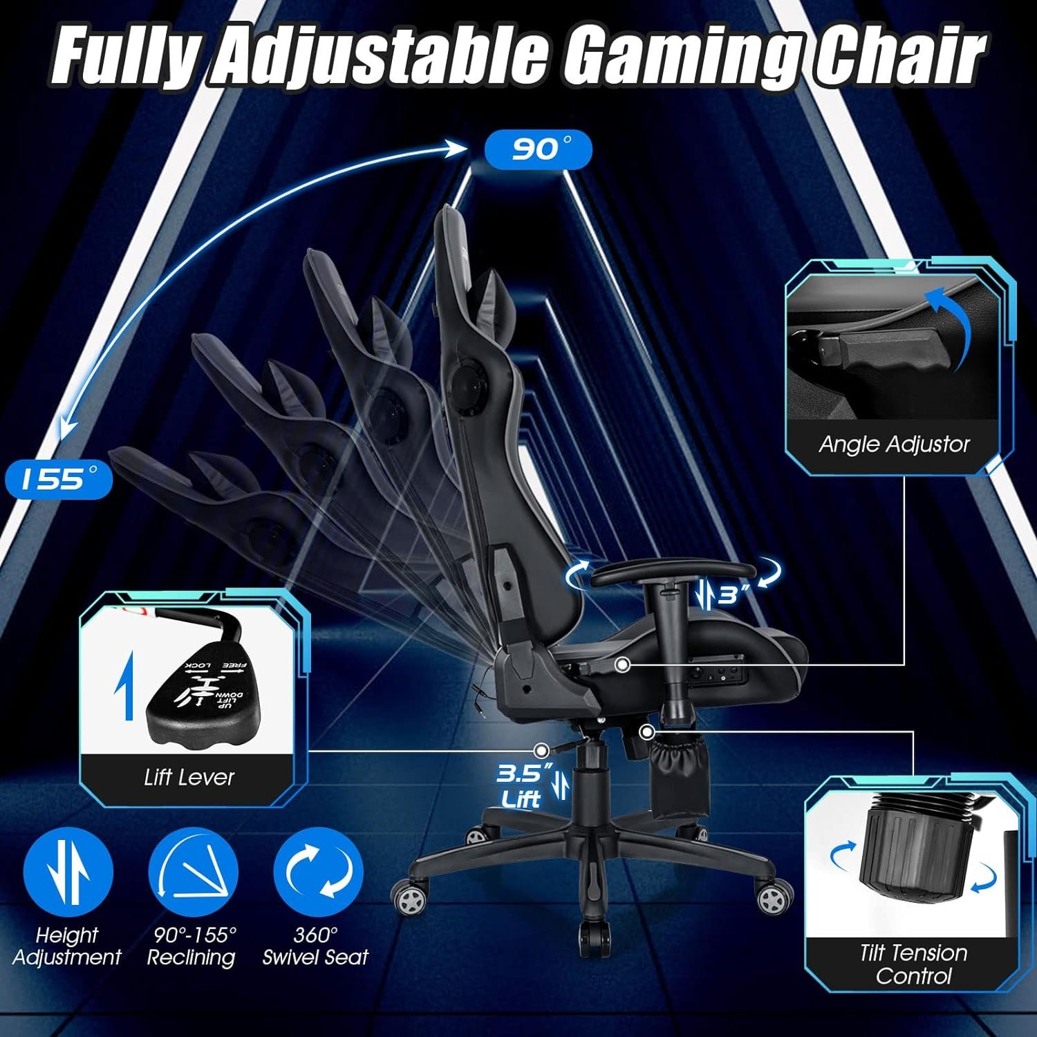 GYMAX Gaming Chair, Ergonomic Gaming Chair with Massage Lumbar Support, Built-in Speaker  Detachable Head Pillow, Swivel Reclining Video Computer Gaming Chair, Heavy Duty Office Chair for Adults