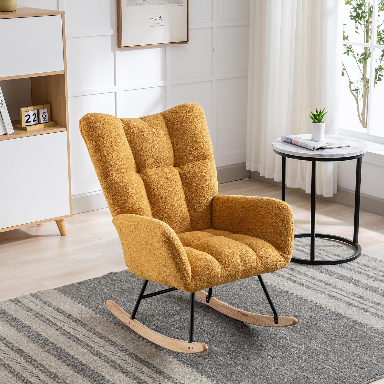 HMFULE Nursery Rocking Chair, Upholstered Glider Chair with High Backrest, Teddy Glider Rocker Modern Accent Chairs for Nursery Living Room Bedroom