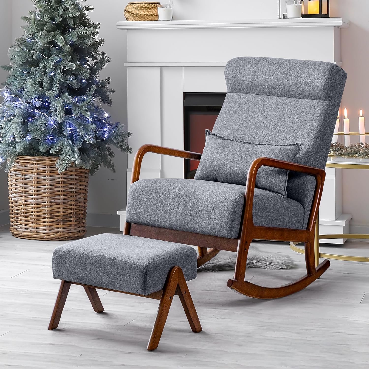 HOMREST Rocking Chair, Mid-Century Modern Upholstered Fabric Rocking Armchair with Ottoman  Thick Padded Cushion for Living Baby Room, Bedroom（Gray）