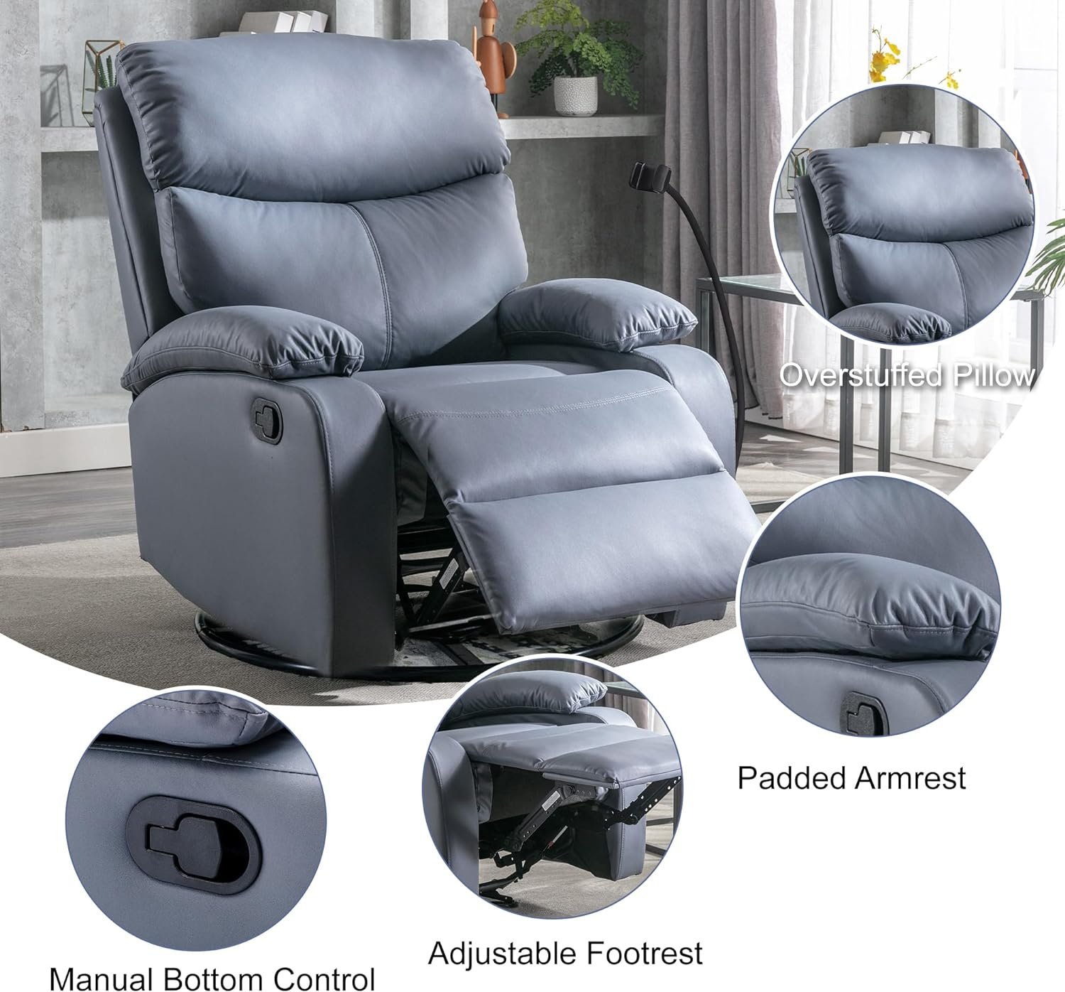 hzlagm Manual Swivel Recliners for Small Spaces, Rocking Recliner with Tech Cloth, Manual Single Sofa Recliner, Small Rocker Recliner Chair for Living Room, Bedroom, Nursery - Light Grey