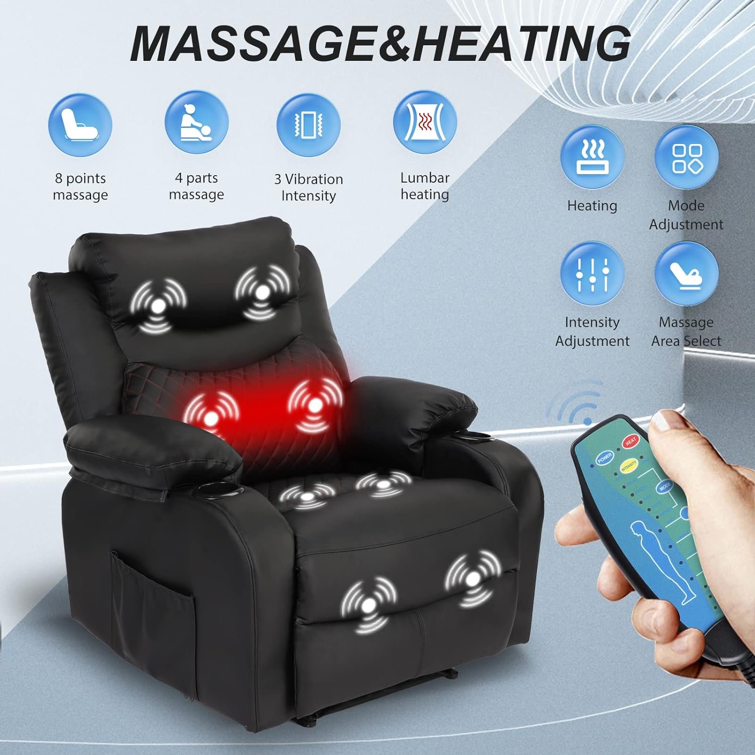 Kasorix Massage Recliner Chairs with Heat Overstuffed Wall Hugger Manual Recling Chair with Cup Holders, Modern Single Sofa (Black), Medium(300lbs)