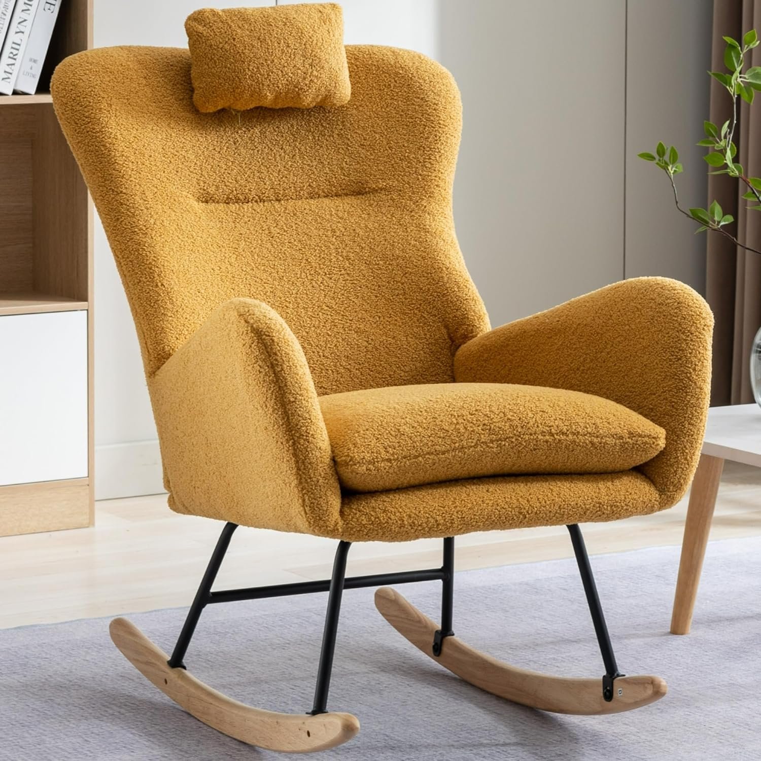 LUSPAZ Rocking Chair, Soft Teddy Velvet Fabric Rocking Chair for Nursery, Comfy Wingback Glider Rocker with Safe Solid Wood Base for Living Room Bedroom Balcony, Yellow