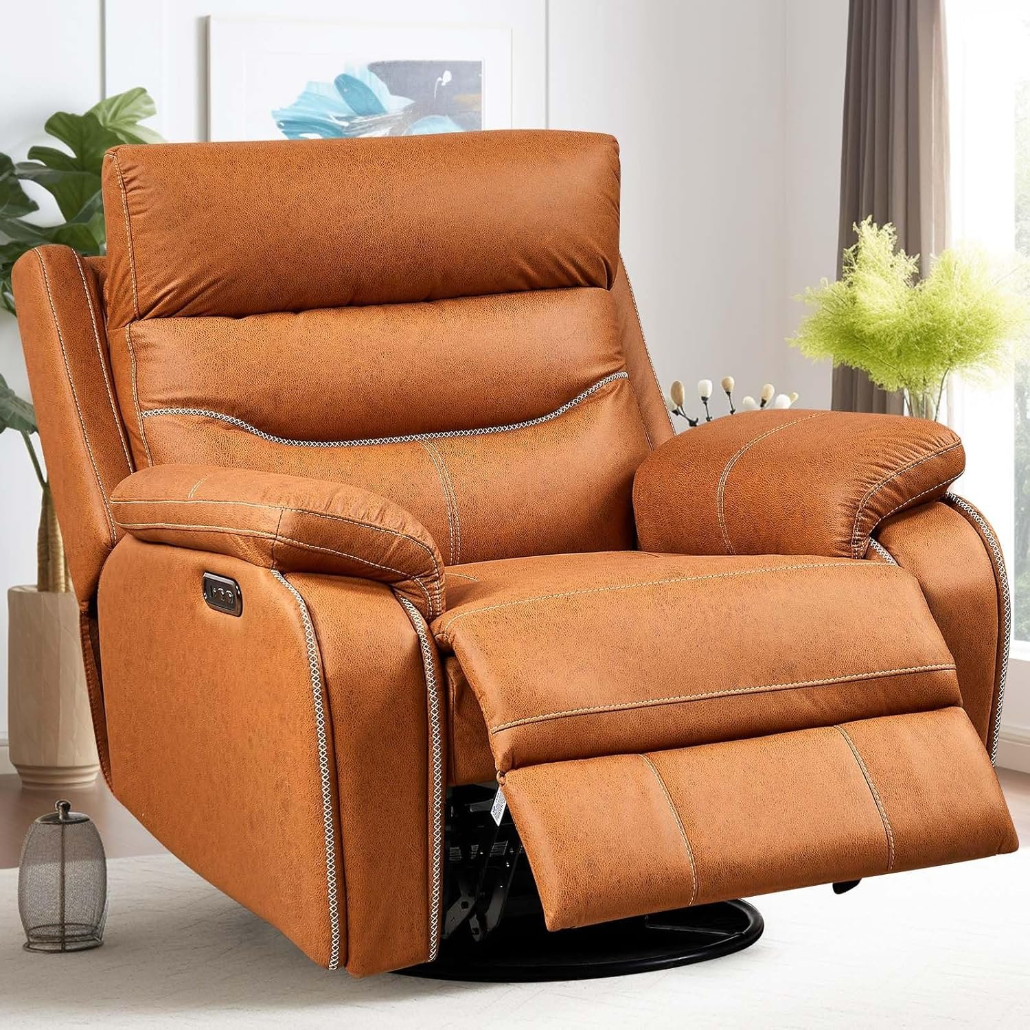 Lyromix Power Swivel Nursery Glider Recliner Chair, Electric Rocking Sofa with Adjustable Headrest  Soft Cushions, Ultimate Comfort Living Room Bedroom Rocker Armchairs, Built-in USB, Cognac Brown