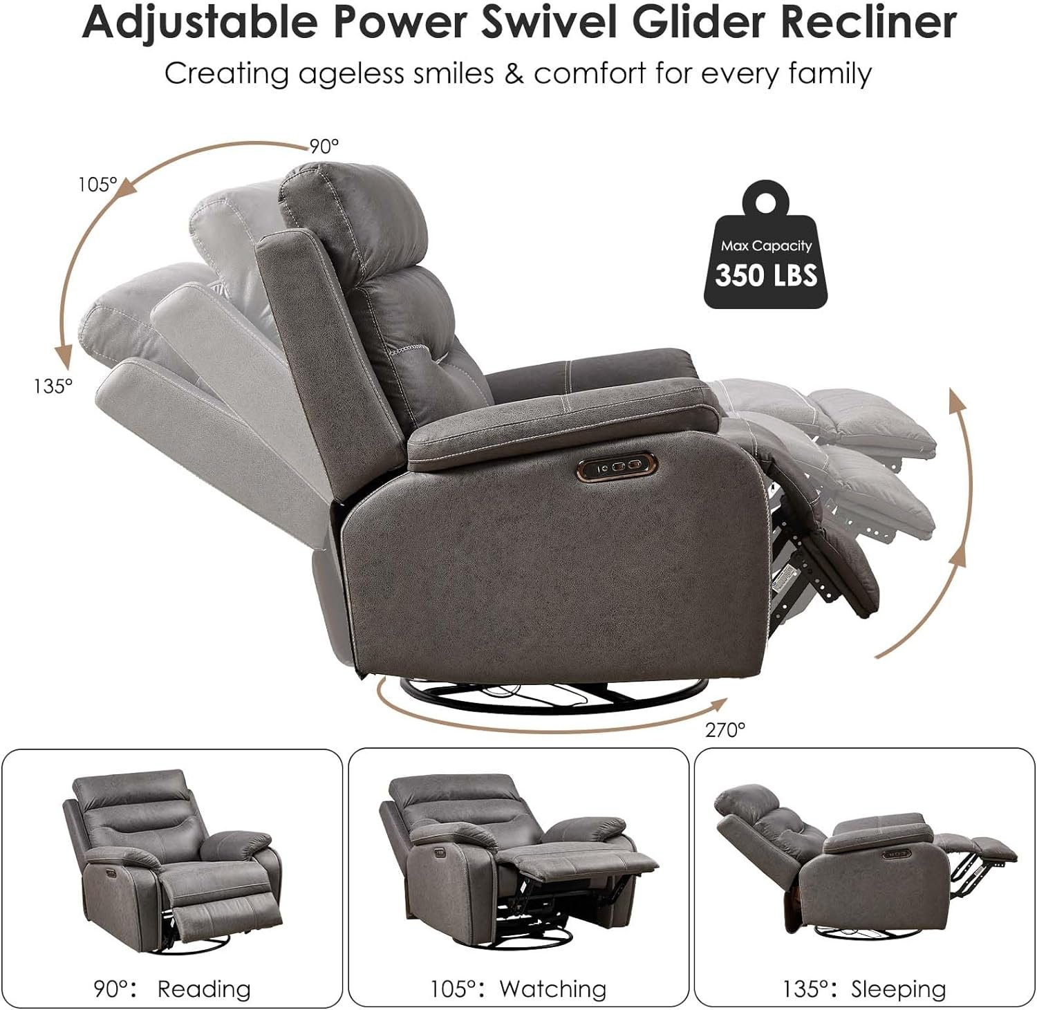 Lyromix Power Swivel Nursery Glider Recliner Chair, Electric Rocking Sofa with Adjustable Headrest  Soft Cushions, Ultimate Comfort Living Room Bedroom Rocker Armchairs, Built-in USB, Cognac Brown