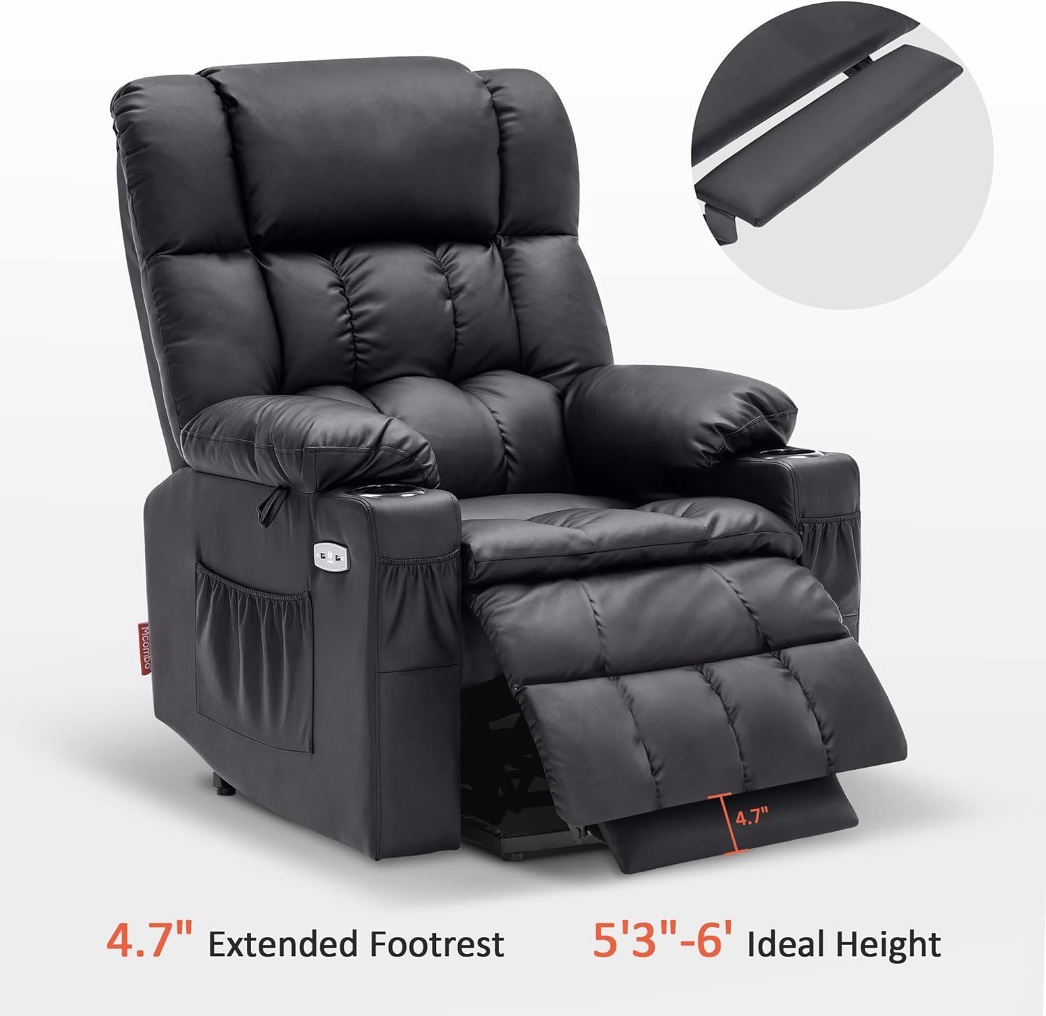 MCombo Dual Motor Power Lift Recliner Chair with Massage and Heat for Elderly People, Infinite Position, USB Ports, Cup Holders, Extended Footrest, Faux Leather 7890 (Black, Medium)