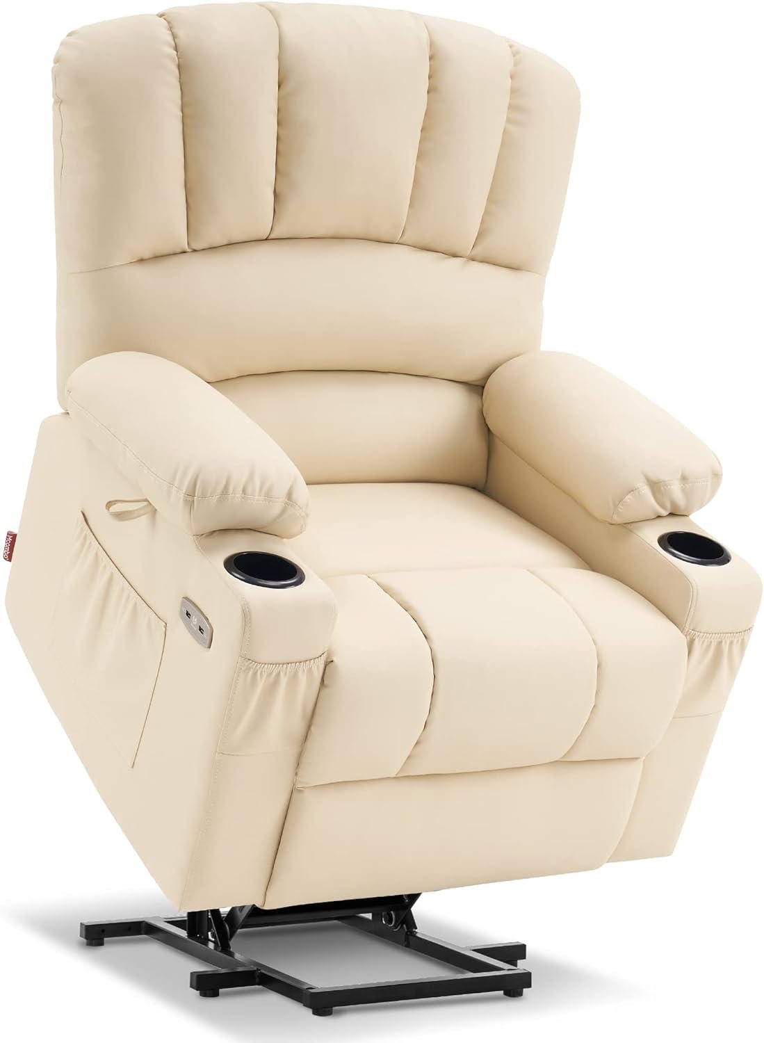 MCombo Power Lift Recliner Chair Sofa with Massage and Heat for Elderly People, Cup Holders, USB Ports, Side Pockets, Faux Leather 7095 (Medium-Regular, Cream White)