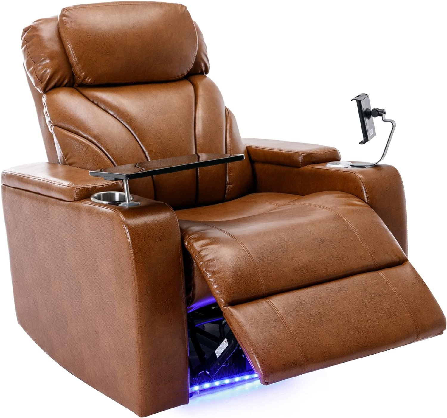 Merax Power Recliner Chair, Leather Lazy Boy Single Sofa with Cup Holders, Tray Table and Storage, Brown