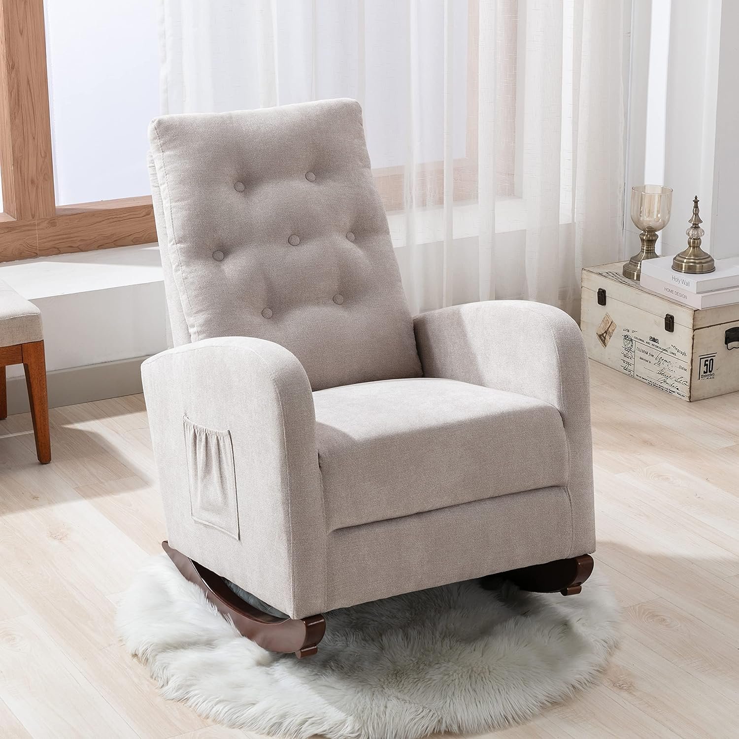 Morhome Tufted Modern Accent Rocking Chair, Upholstered Nursery Glider Rocker for Baby and Kids, Comfy Armchair with Pocket and High Backrest, Tan-C