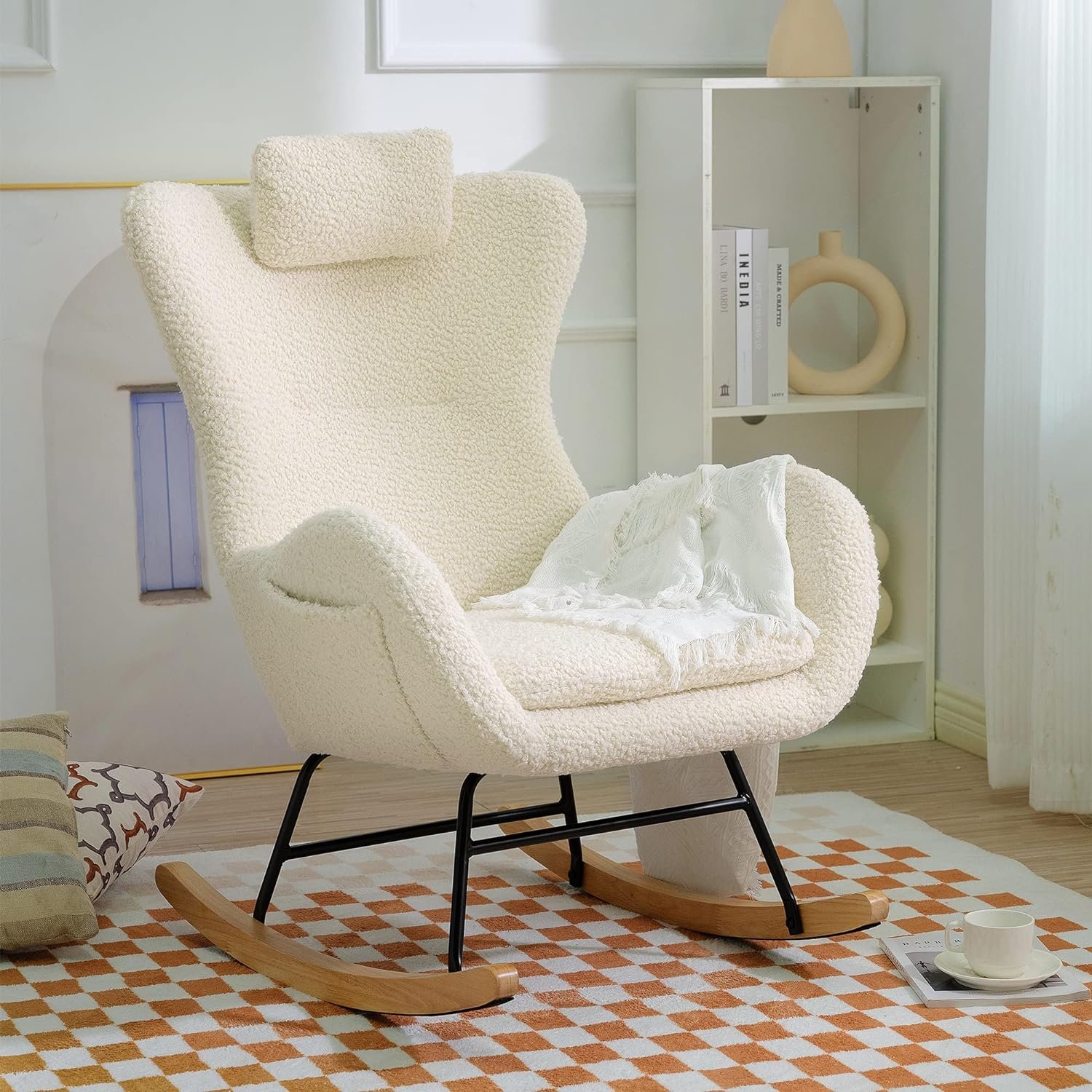 Morhome Upholstered Nursery Rocking Chair-Comfy Glider Rocker with Padded Seat, High Backrest, and Armrests for Living Room Bedroom Offices, White