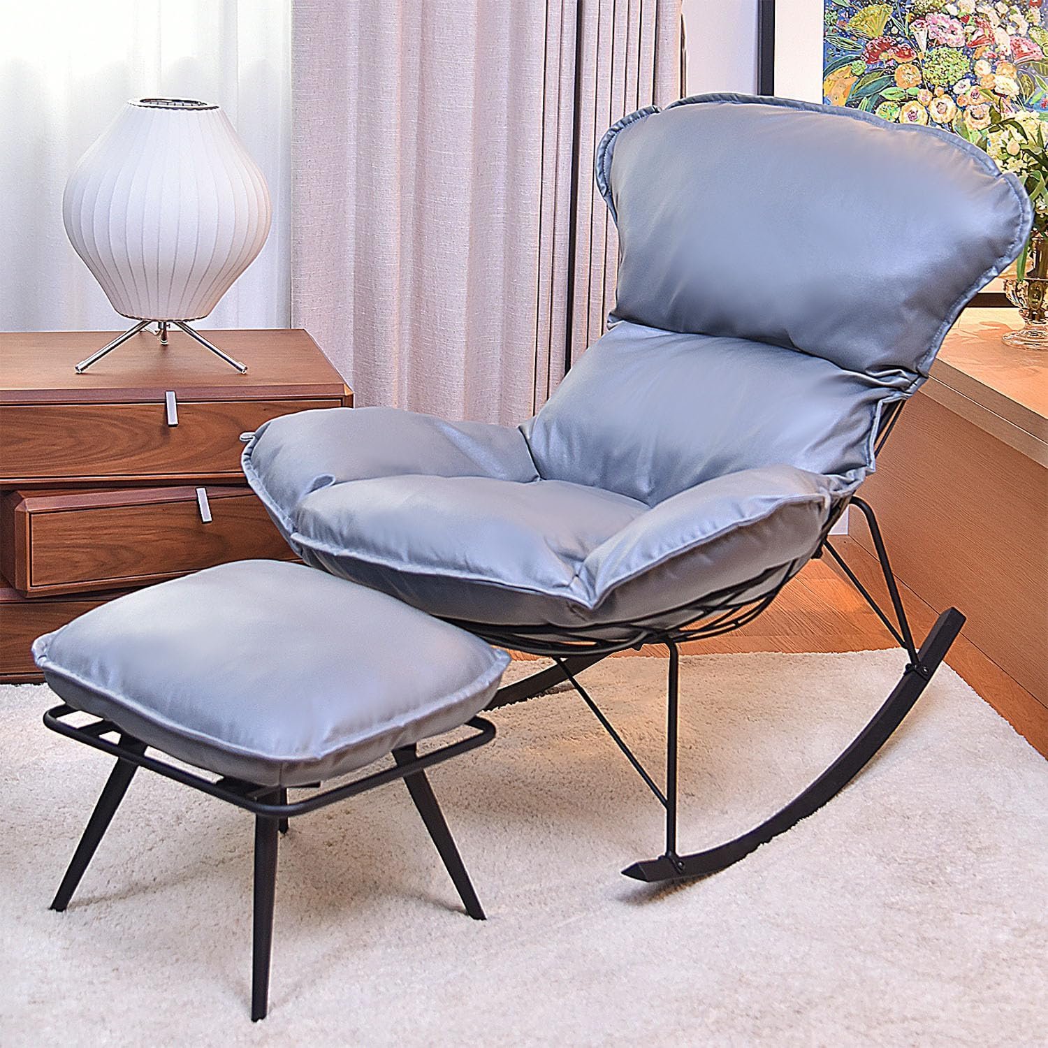 Msutree Rocking Chair with Ottoman for Nursery, Upholstered Glider Rocker Comfy Accent Chair with Foot Rest for Living Baby Room Bedroom