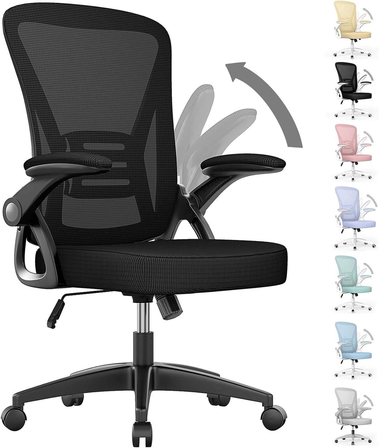 naspaluro Ergonomic Office Chair, Mid Back Desk Chair with Adjustable Height, Swivel Chair with Flip-Up Arms and Lumbar Support, Breathable Mesh Computer Chair for Home/Study/Working, Dark Black