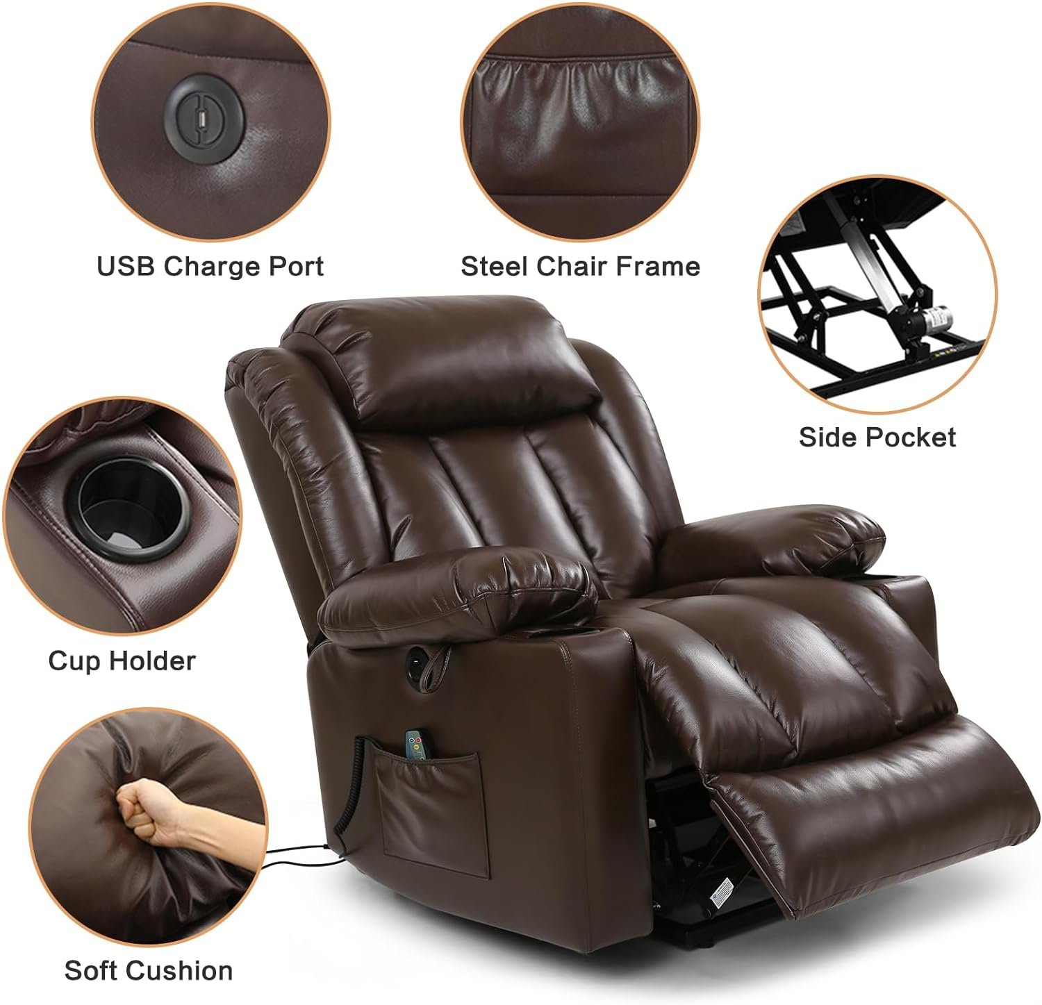 Power Lift Recliner Chair for Elderly Breathable Leather Recliner Chair with Massage and Heat for People Limited Mobility,Electric Stand Assist,2 Cup Holders,USB Ports,Gifts for Family (Grey)