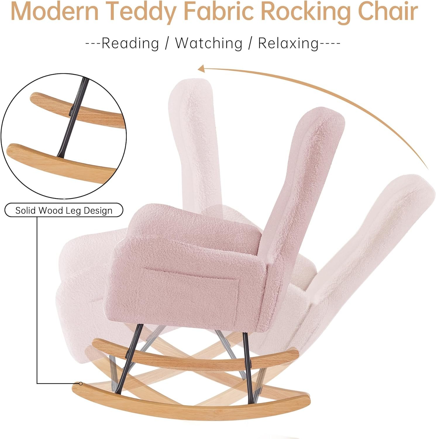 Recaceik Rocking Chair Nursery Teddy Fabric Upholstered Silent Rocking Chair High Back Armchair with Pockets Comfy Small Rocking Chair for Living Room, Bedroom, Nursery, Pink