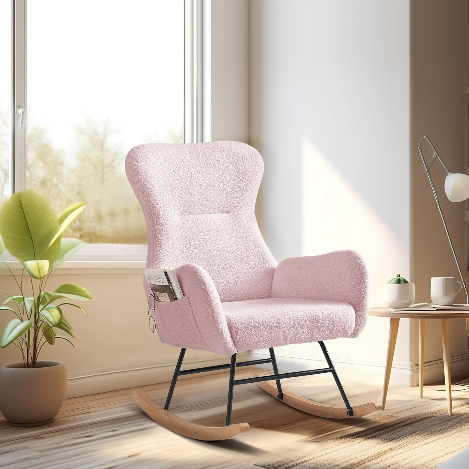 Recaceik Rocking Chair Nursery Teddy Fabric Upholstered Silent Rocking Chair High Back Armchair with Pockets Comfy Small Rocking Chair for Living Room, Bedroom, Nursery, Pink