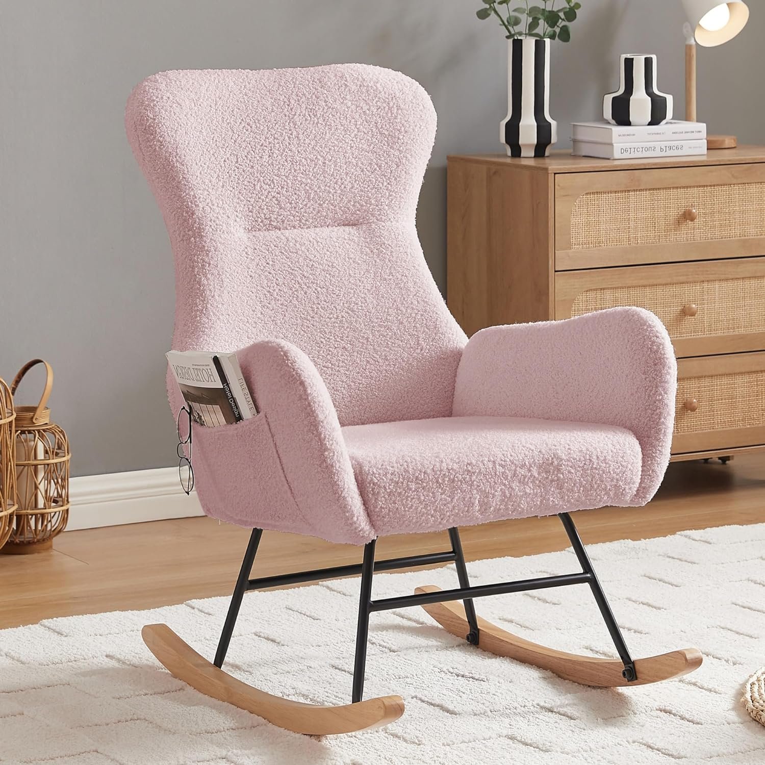 Recaceik Rocking Chair Nursery Teddy Fabric Upholstered Silent Rocking Chair High Back Armchair with Pockets Comfy Small Rocking Chair for Living Room, Bedroom, Nursery, Pink